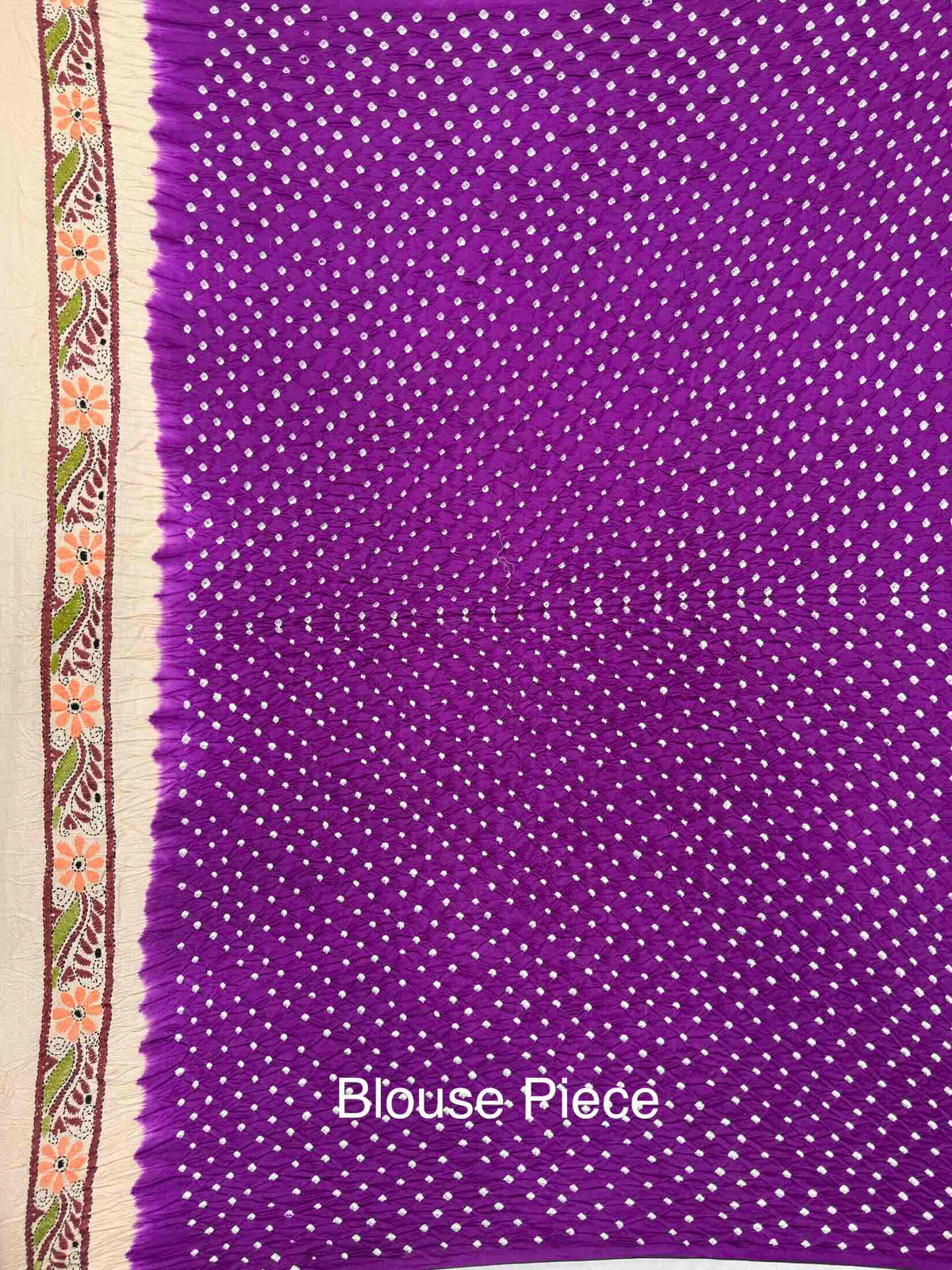 Cream & Dark Purple Muga Silk with Kantha Work Border Pallu Bandhani Saree