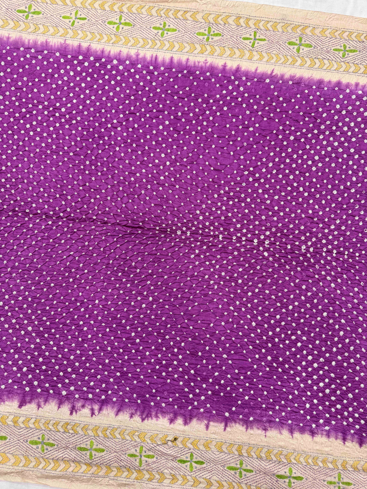Cream & Purple Muga Silk with Kantha Work Border Pallu Bandhani Saree