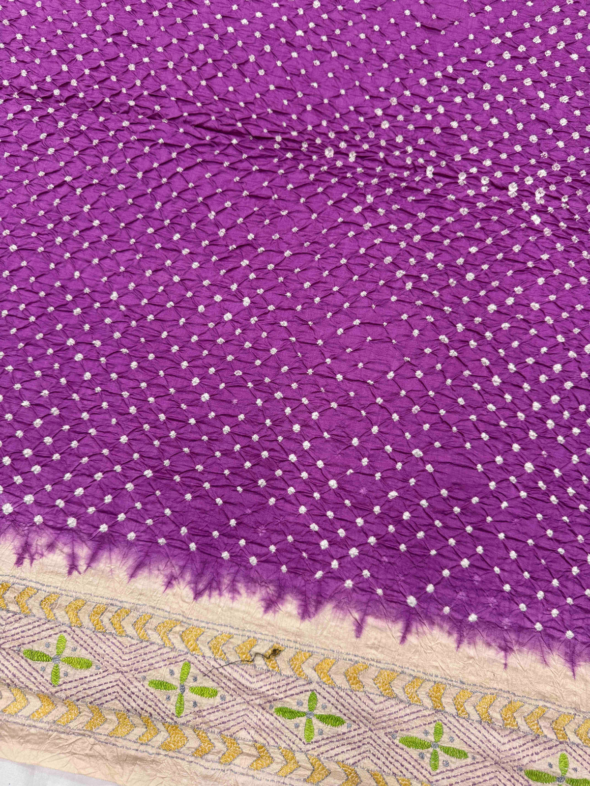 Cream & Purple Muga Silk with Kantha Work Border Pallu Bandhani Saree