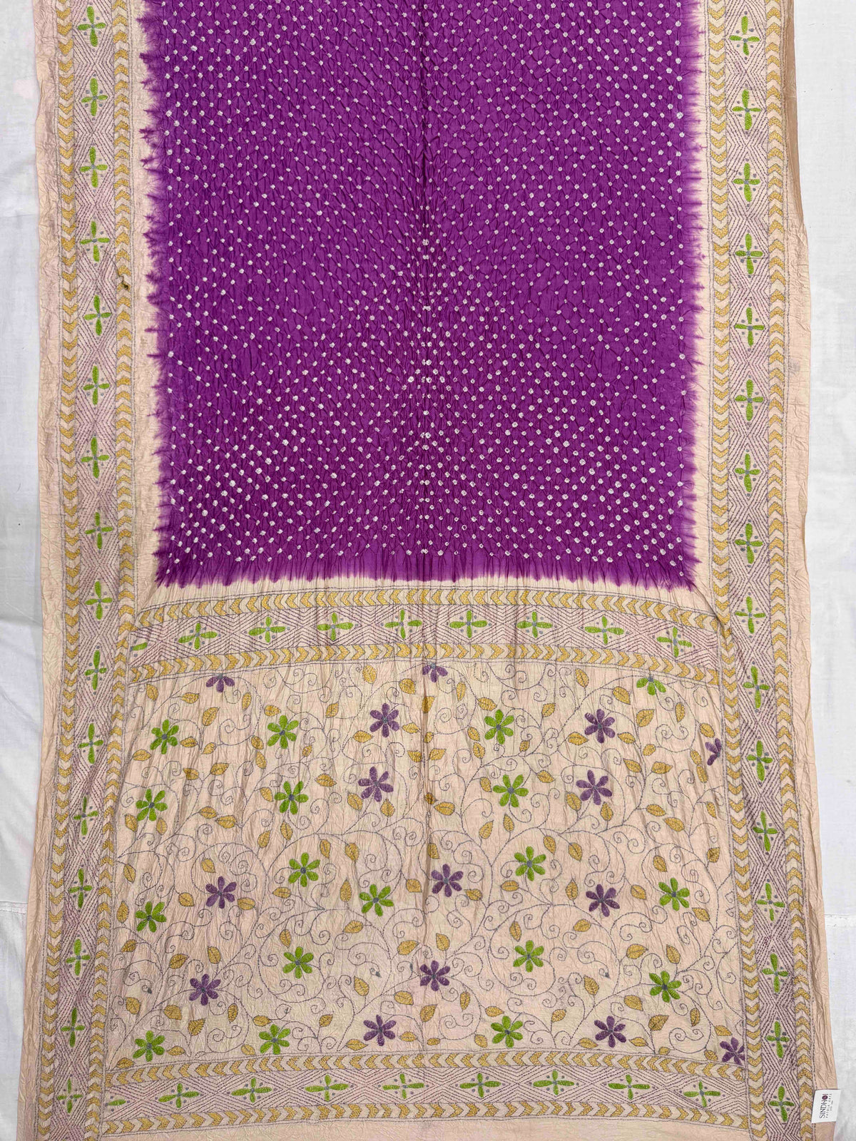 Cream & Purple Muga Silk with Kantha Work Border Pallu Bandhani Saree