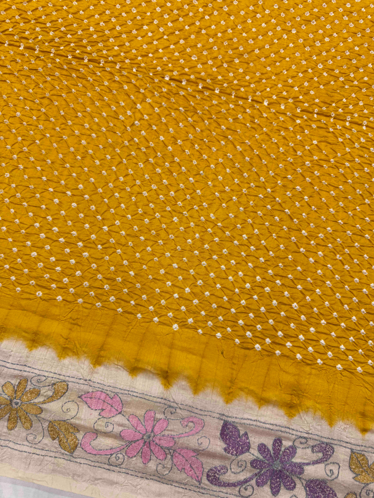 Cream & Yellow Muga Silk with Kantha Work Border Pallu Bandhani Saree