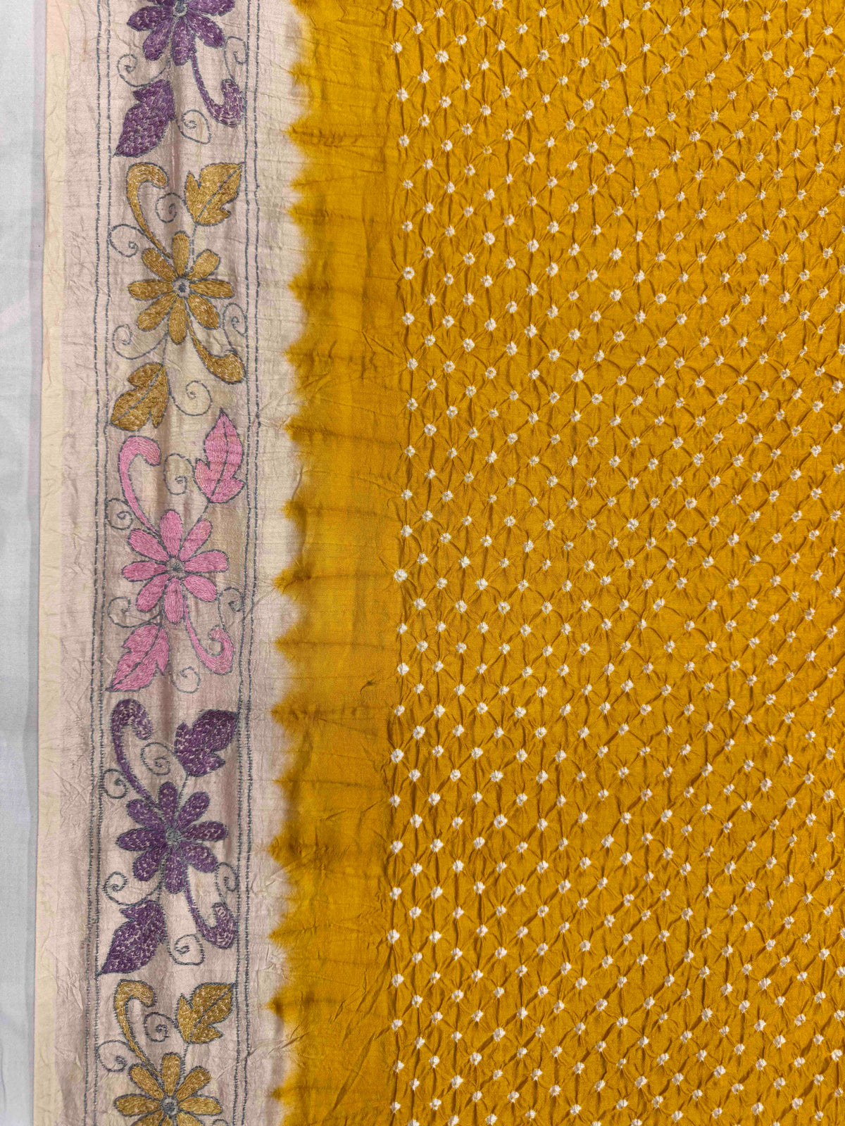 Cream & Yellow Muga Silk with Kantha Work Border Pallu Bandhani Saree