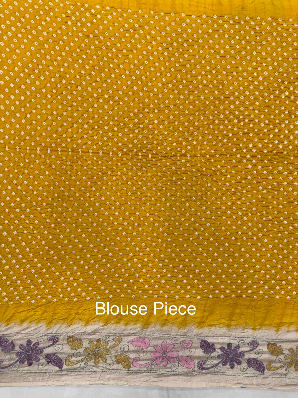 Cream & Yellow Muga Silk with Kantha Work Border Pallu Bandhani Saree