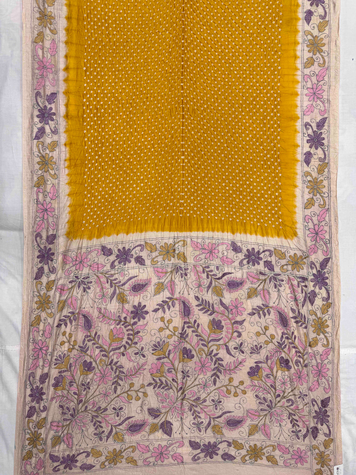 Cream & Yellow Muga Silk with Kantha Work Border Pallu Bandhani Saree