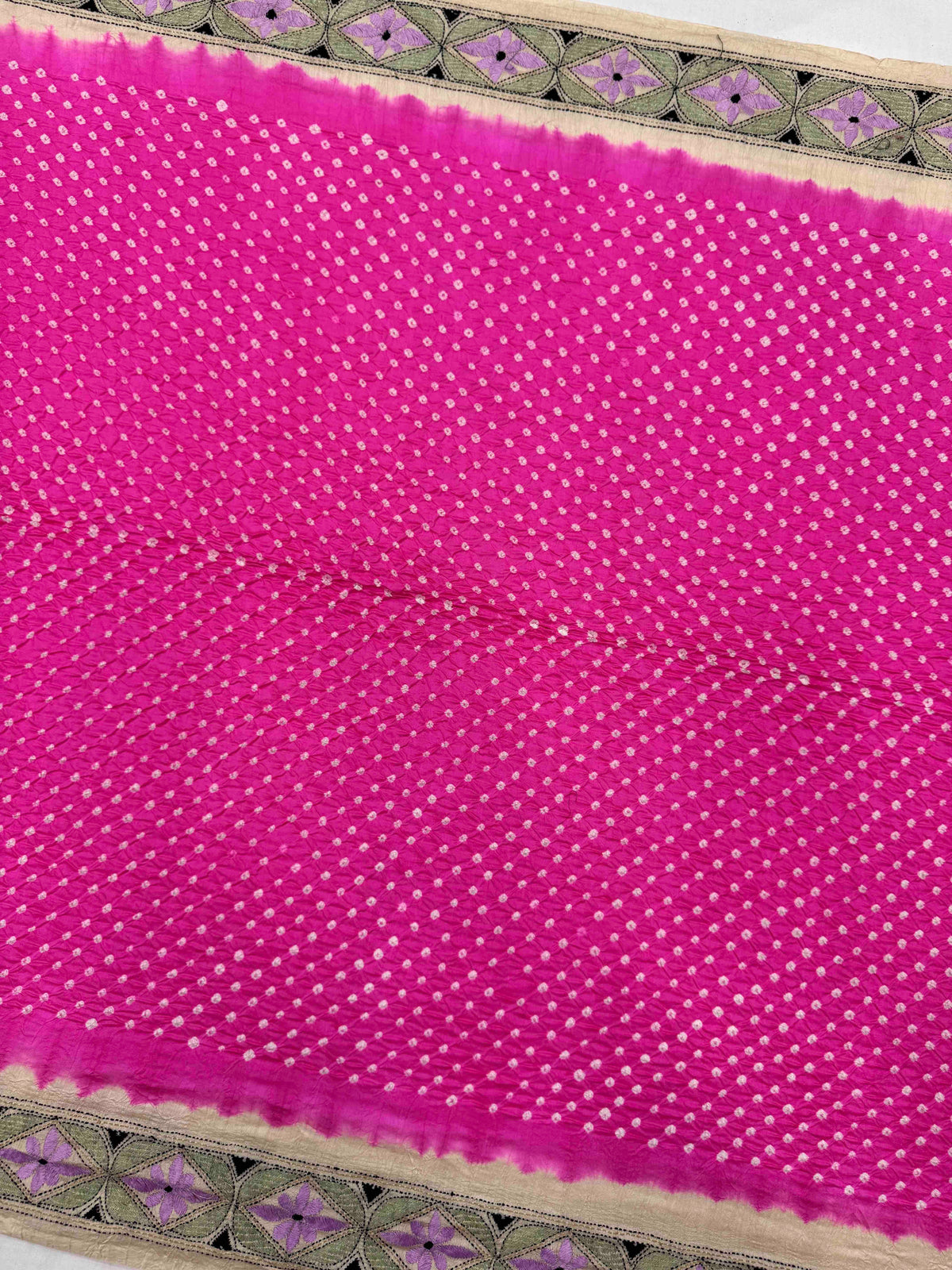 Cream & Pink Muga Silk with Kantha Work Border Pallu Bandhani Saree