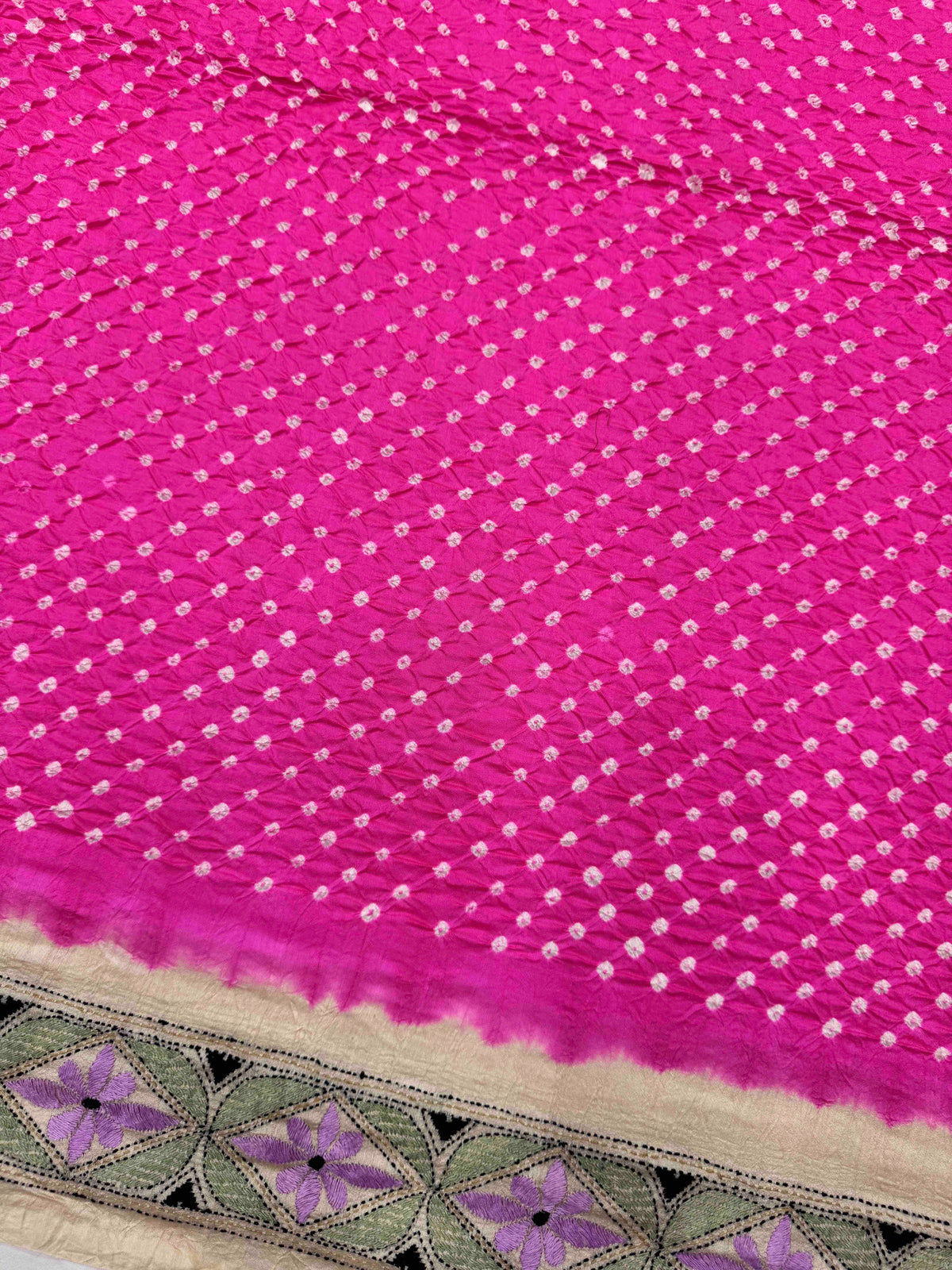 Cream & Pink Muga Silk with Kantha Work Border Pallu Bandhani Saree