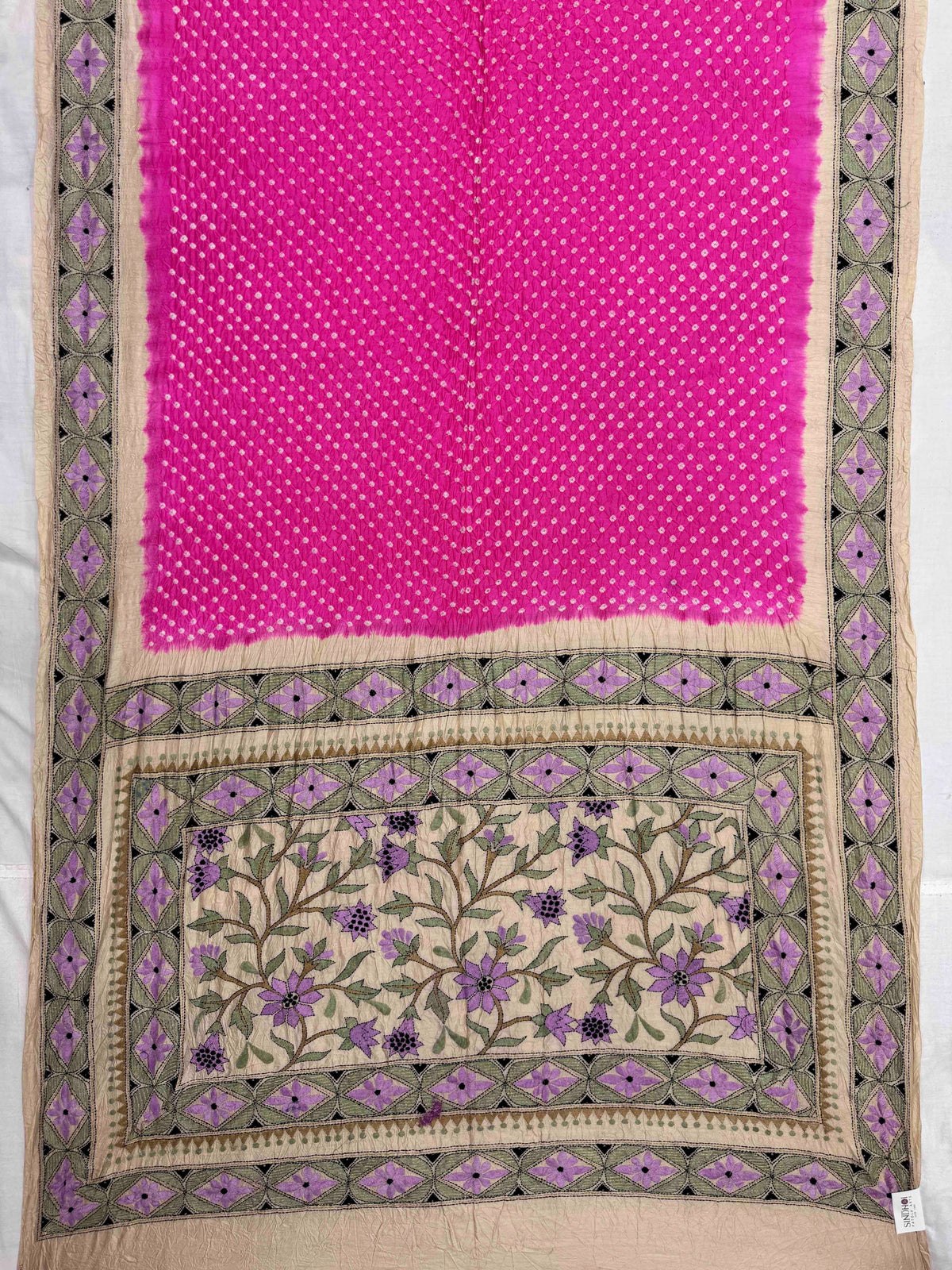 Cream & Pink Muga Silk with Kantha Work Border Pallu Bandhani Saree