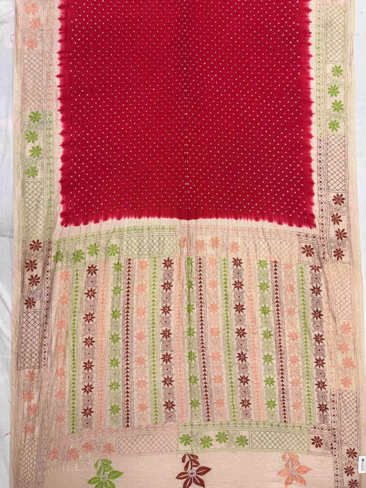 Cream & Red Muga Silk with Kantha Work Border Pallu Bandhani Saree