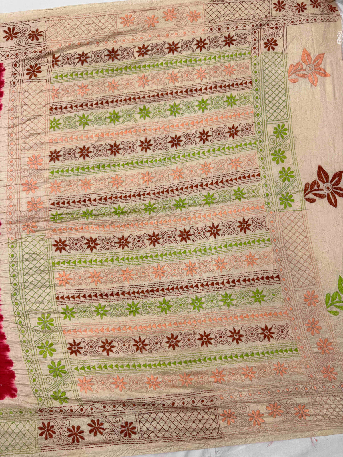 Cream & Red Muga Silk with Kantha Work Border Pallu Bandhani Saree