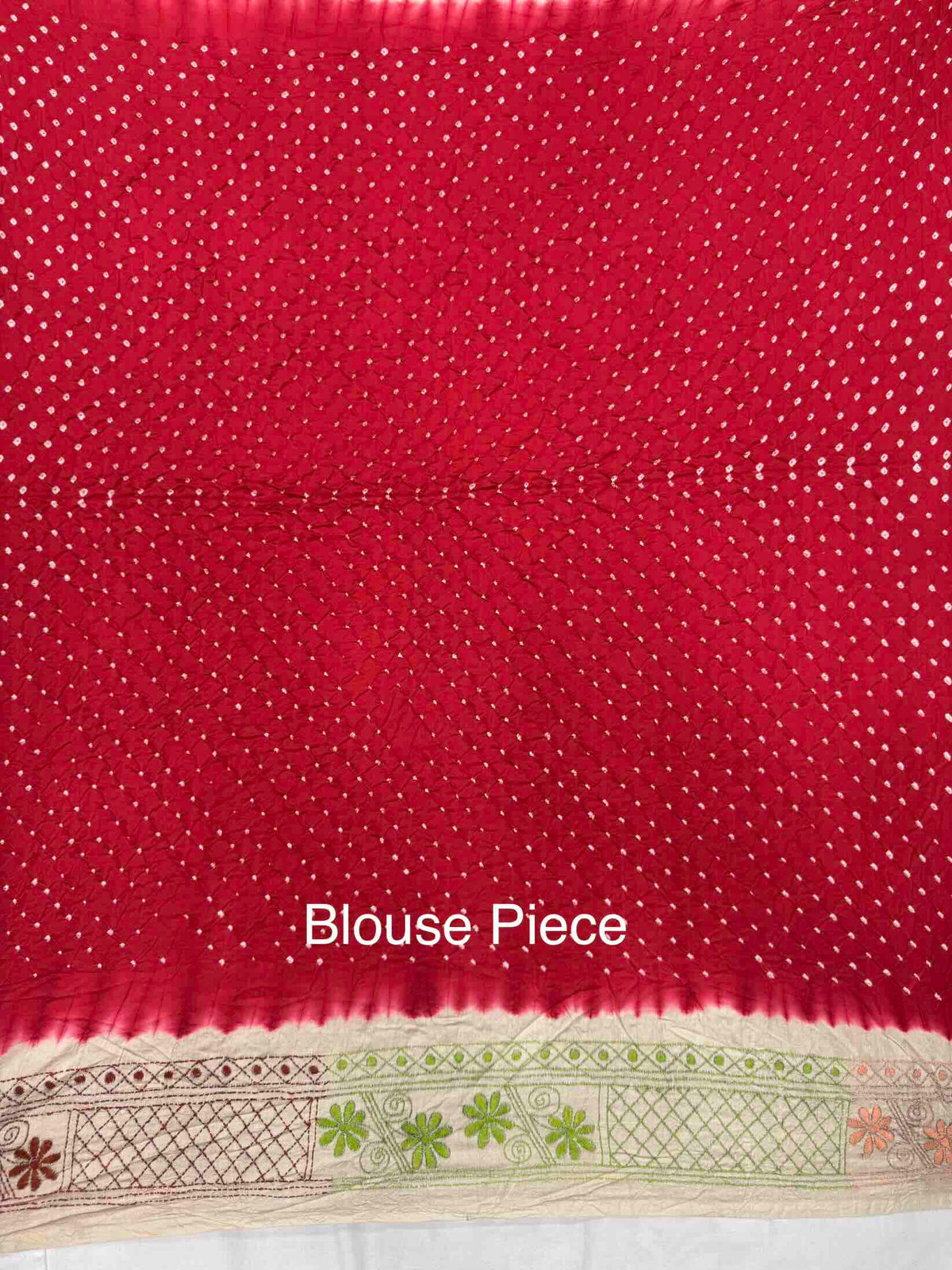 Cream & Red Muga Silk with Kantha Work Border Pallu Bandhani Saree