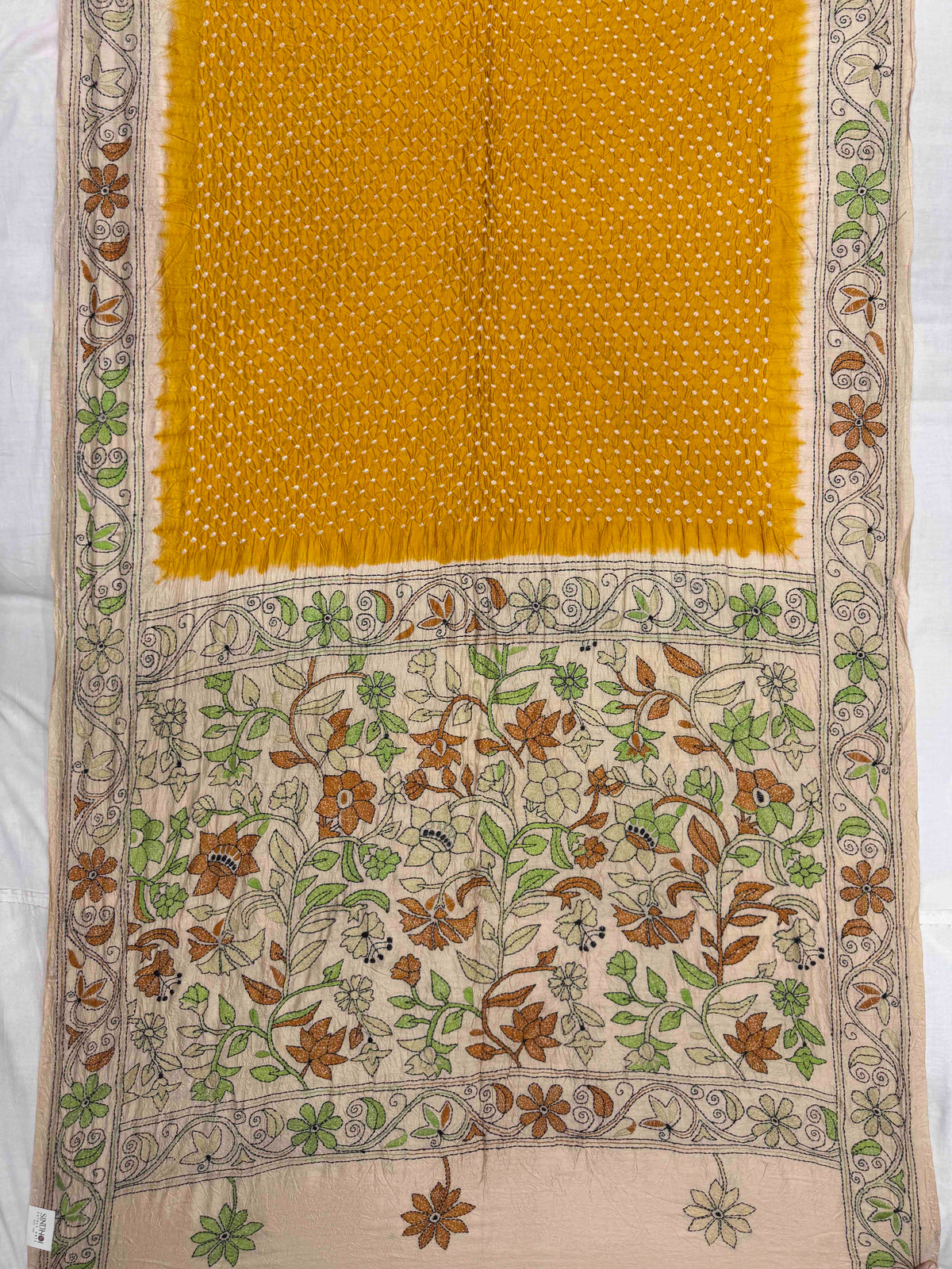 Cream & Yellow Muga Silk with Kantha Work Border Pallu Bandhani Saree