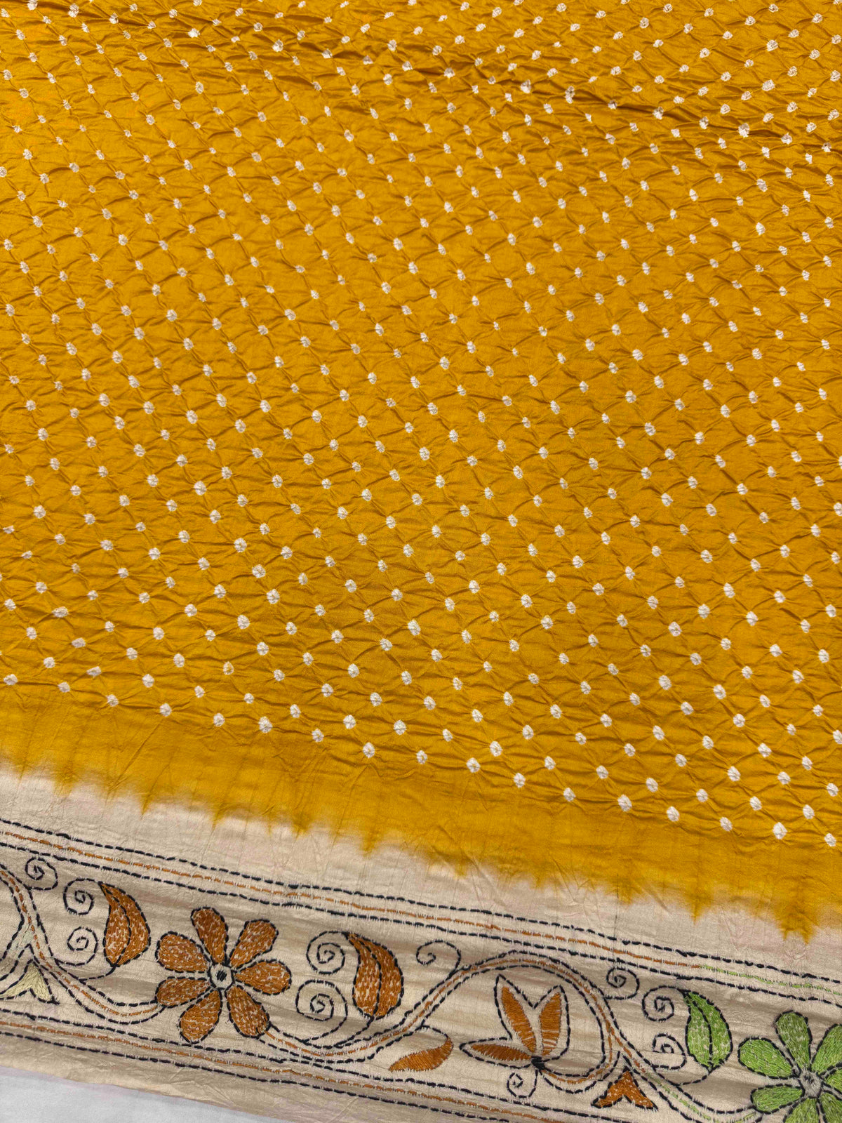Cream & Yellow Muga Silk with Kantha Work Border Pallu Bandhani Saree