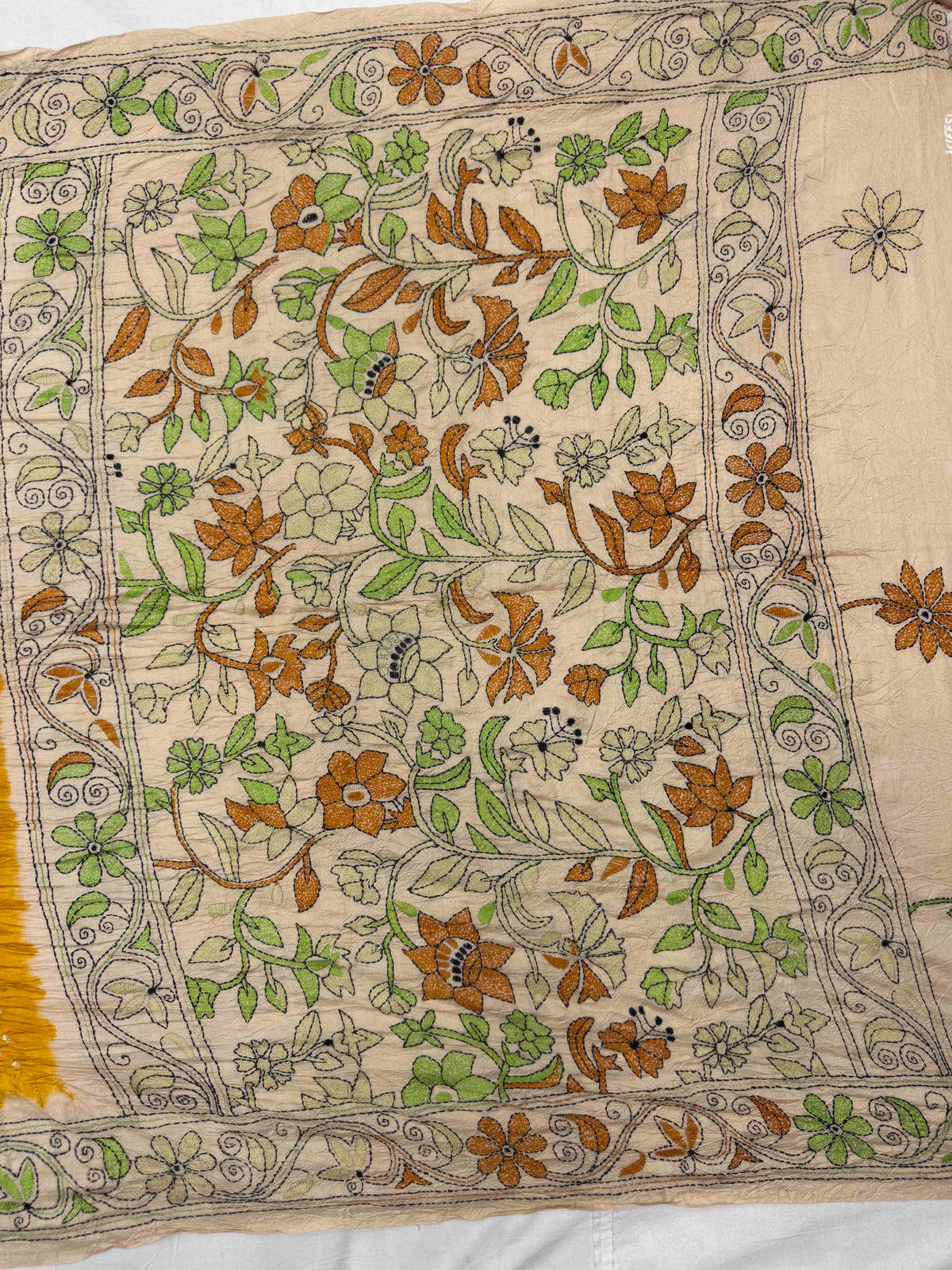 Cream & Yellow Muga Silk with Kantha Work Border Pallu Bandhani Saree