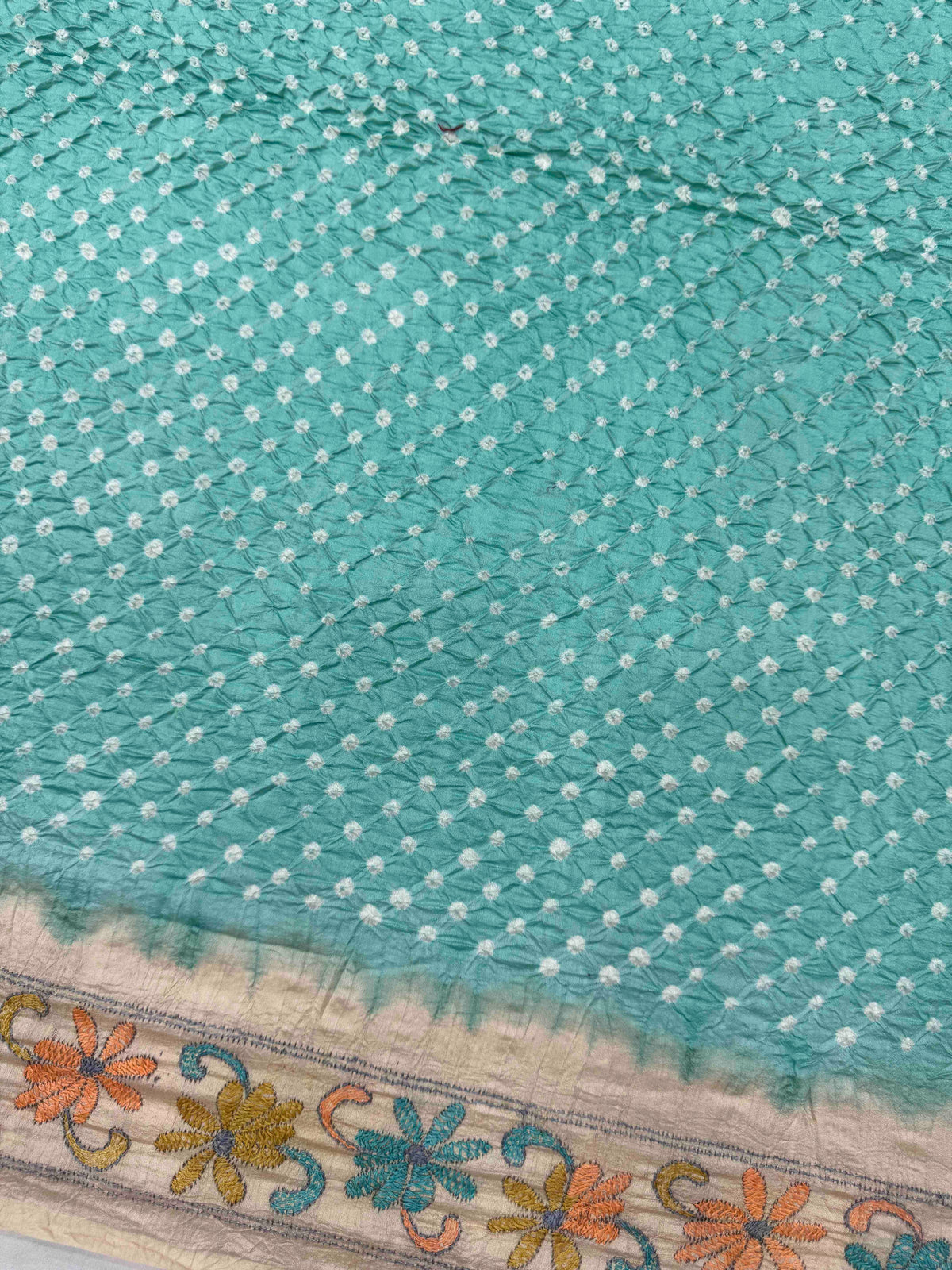 Cream & Sky Blue Muga Silk with Kantha Work Border Pallu Bandhani Saree
