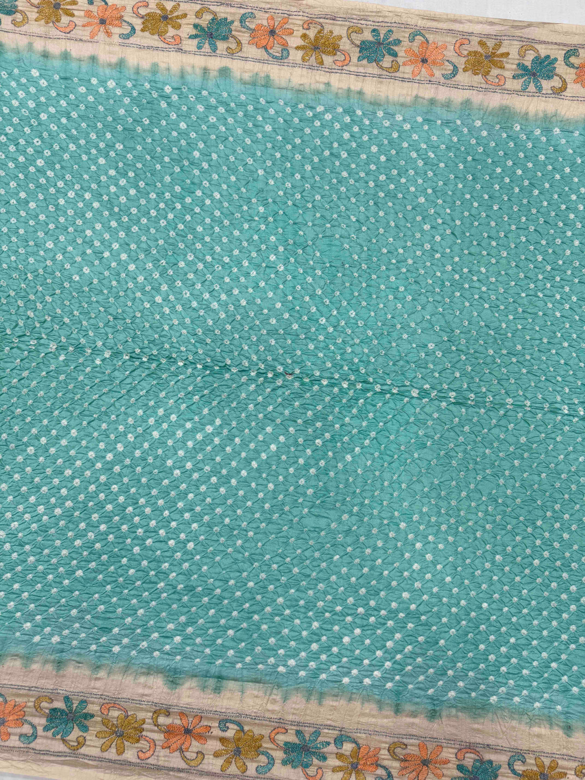 Cream & Sky Blue Muga Silk with Kantha Work Border Pallu Bandhani Saree