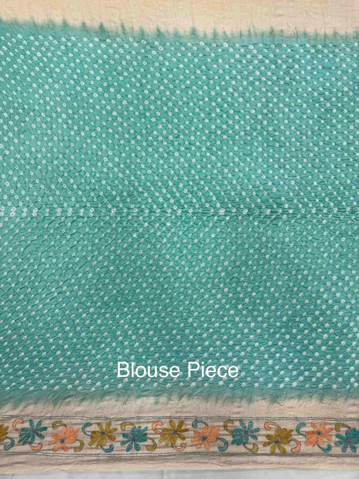 Cream & Sky Blue Muga Silk with Kantha Work Border Pallu Bandhani Saree