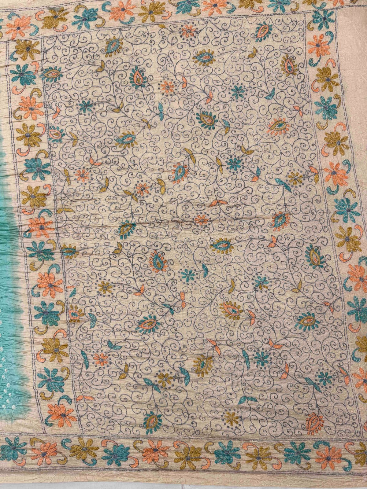 Cream & Sky Blue Muga Silk with Kantha Work Border Pallu Bandhani Saree