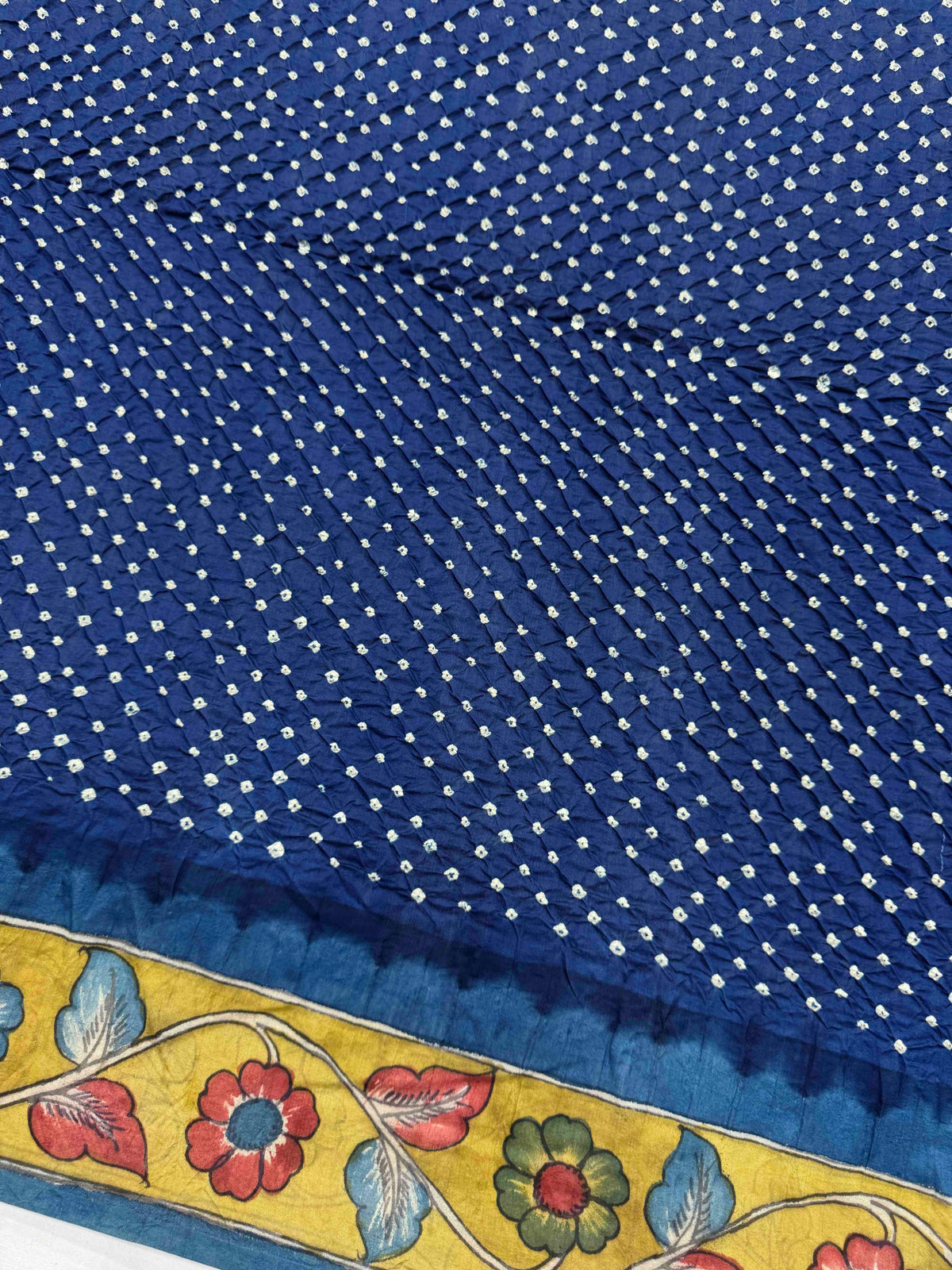 Greyish Blue & Dark Blue Muga Silk Pen Kamalkari Bandhani Saree