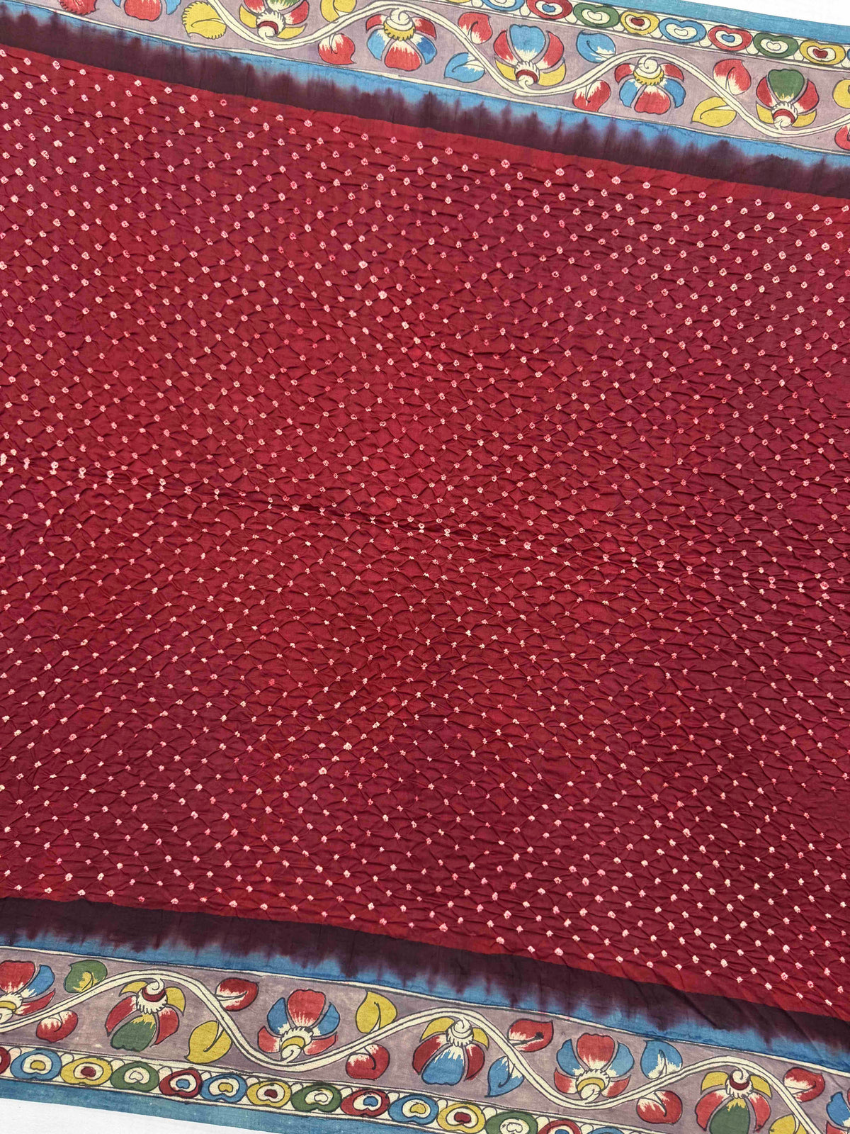 Greyish Blue & Maroon Muga Silk Pen Kamalkari Bandhani Saree