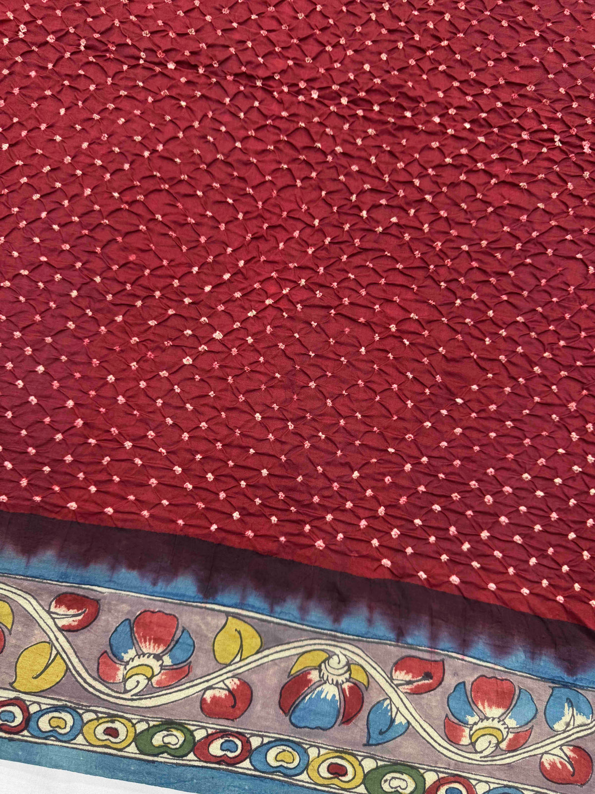 Greyish Blue & Maroon Muga Silk Pen Kamalkari Bandhani Saree