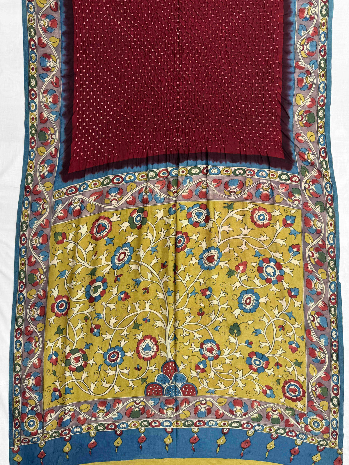 Greyish Blue & Maroon Muga Silk Pen Kamalkari Bandhani Saree