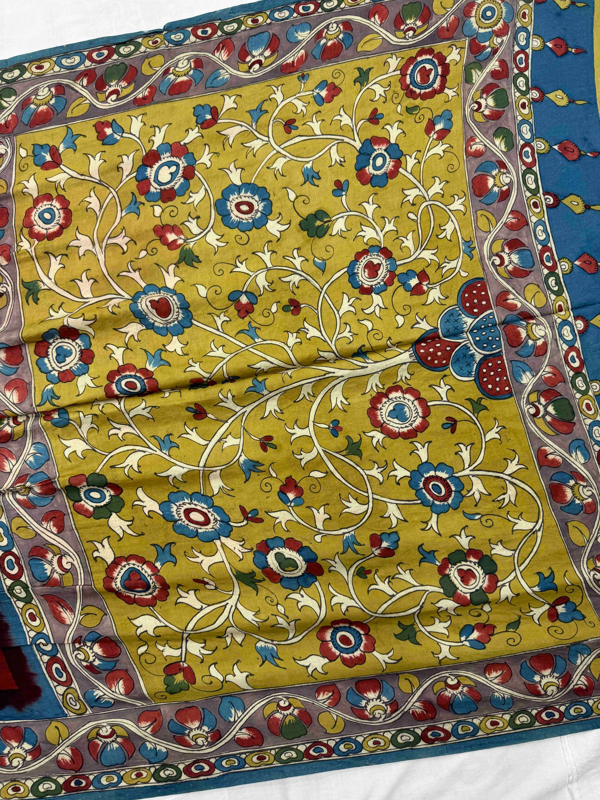Greyish Blue & Maroon Muga Silk Pen Kamalkari Bandhani Saree
