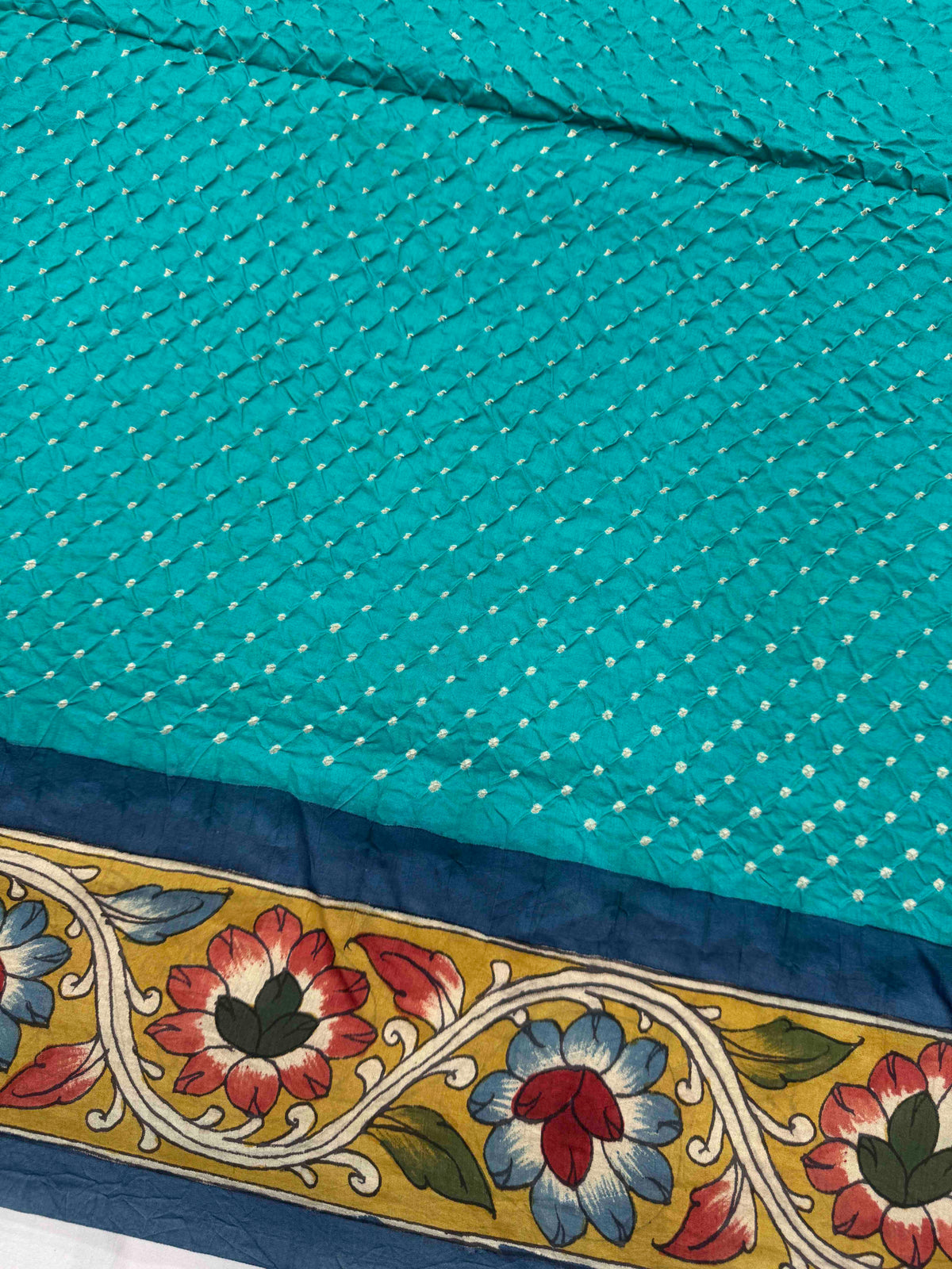 Greyish Blue and Sky Blue Muga Silk Pen Kamalkari Bandhani Saree