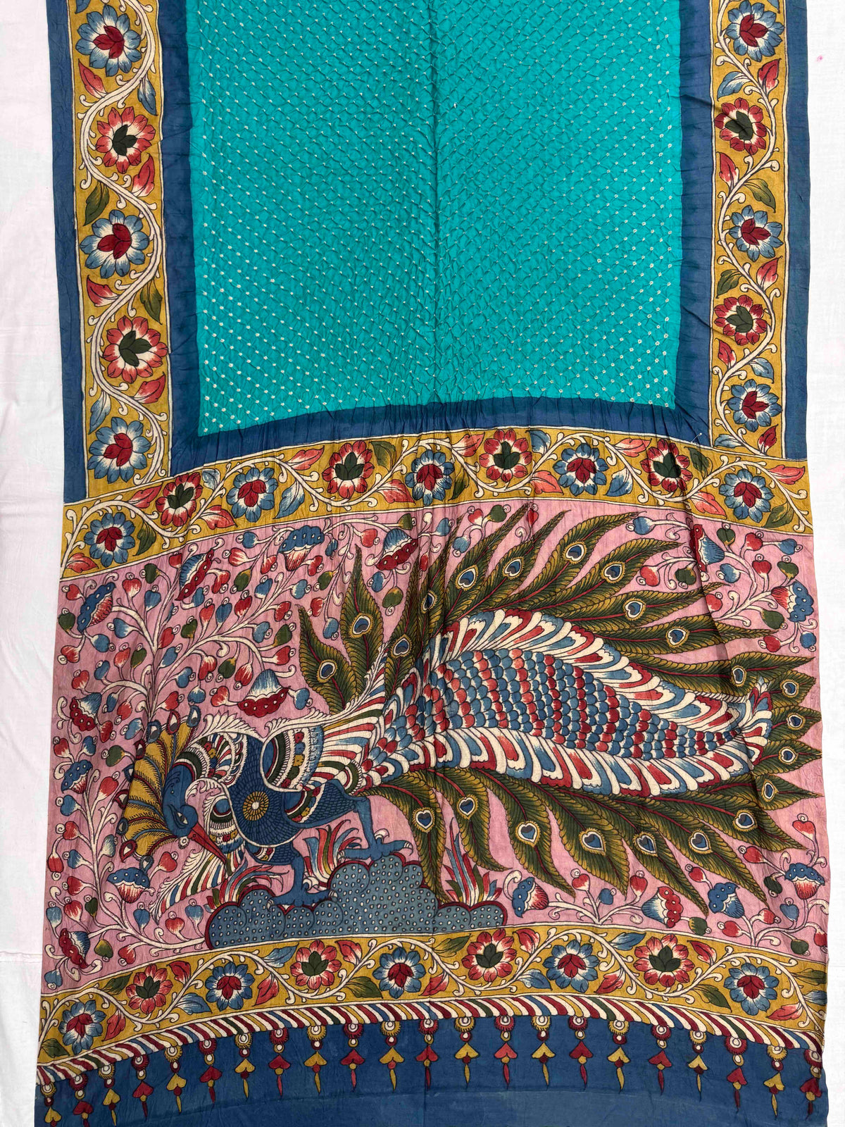 Greyish Blue and Sky Blue Muga Silk Pen Kamalkari Bandhani Saree