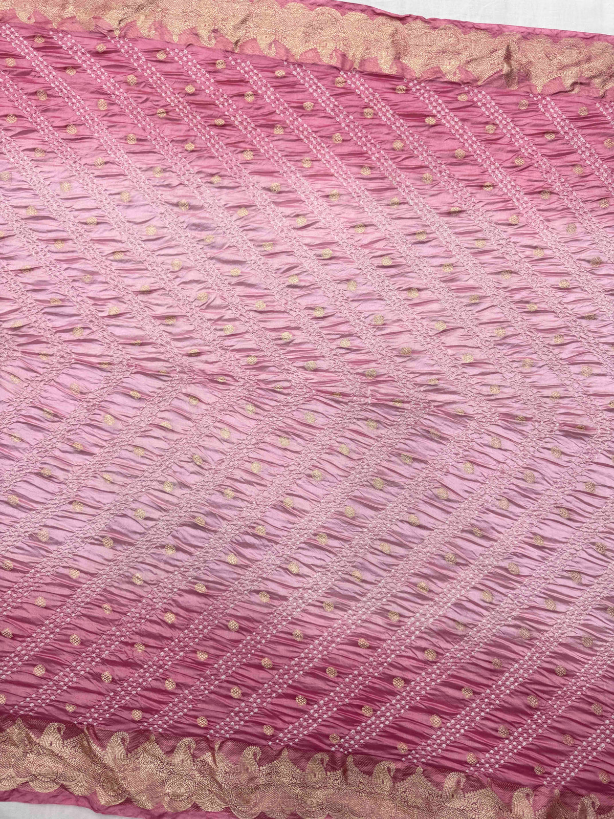 Peach Pink Shaded Katan Silk Bandhani Saree