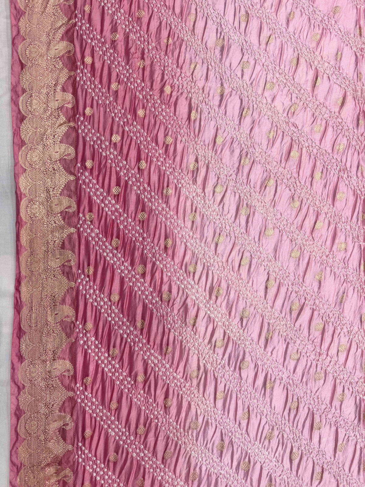 Peach Pink Shaded Katan Silk Bandhani Saree