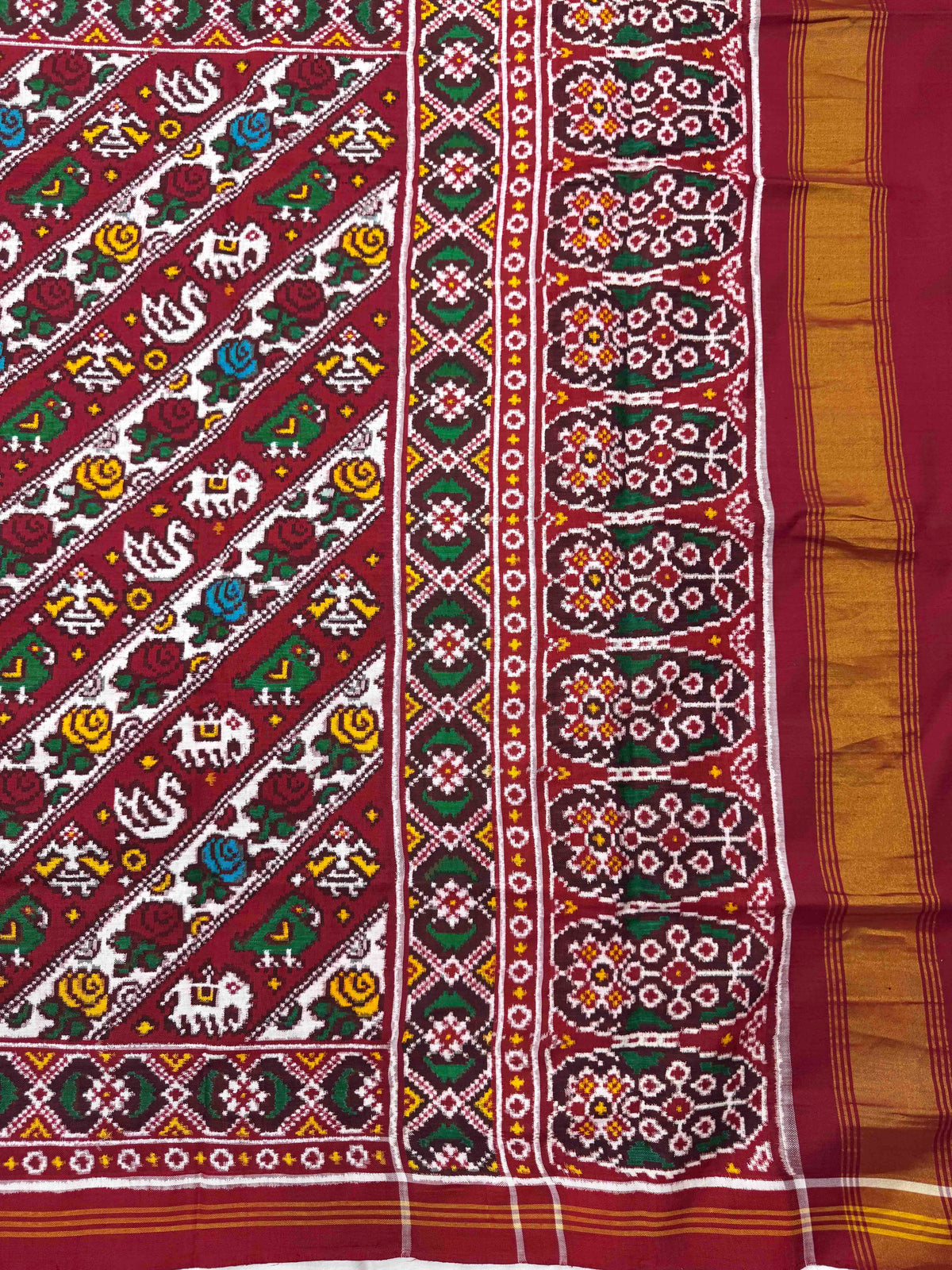 Red & White Narikunj Flower Leheriya Double Ikat Patan Patola Saree
