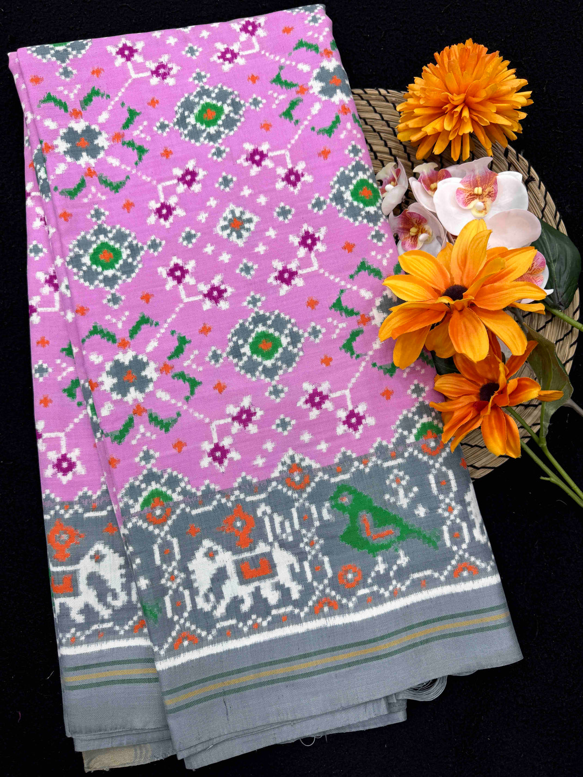 Grey & Light Pink Navratan Double Ikat Patan Patola Saree
