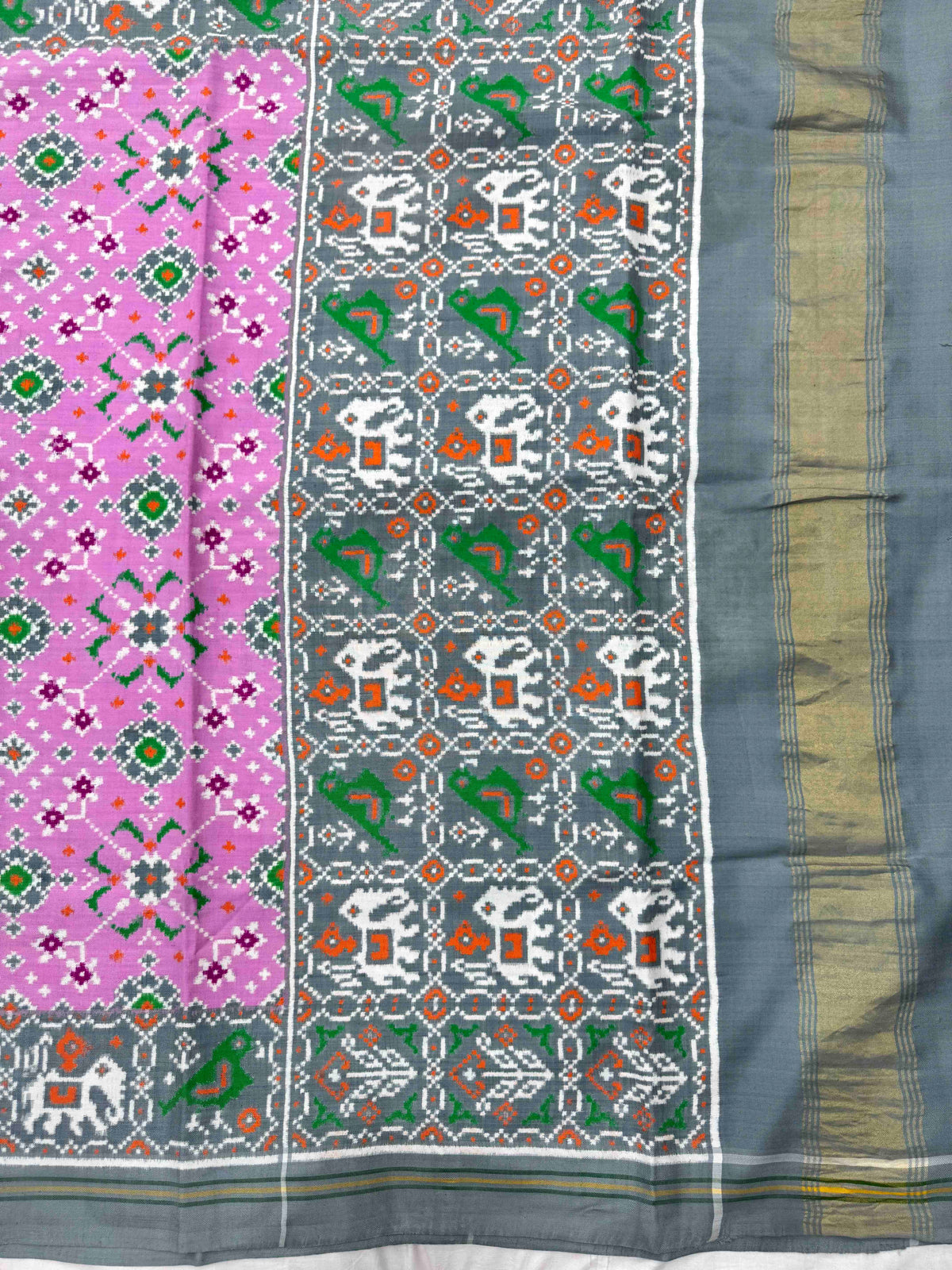 Grey & Light Pink Navratan Double Ikat Patan Patola Saree