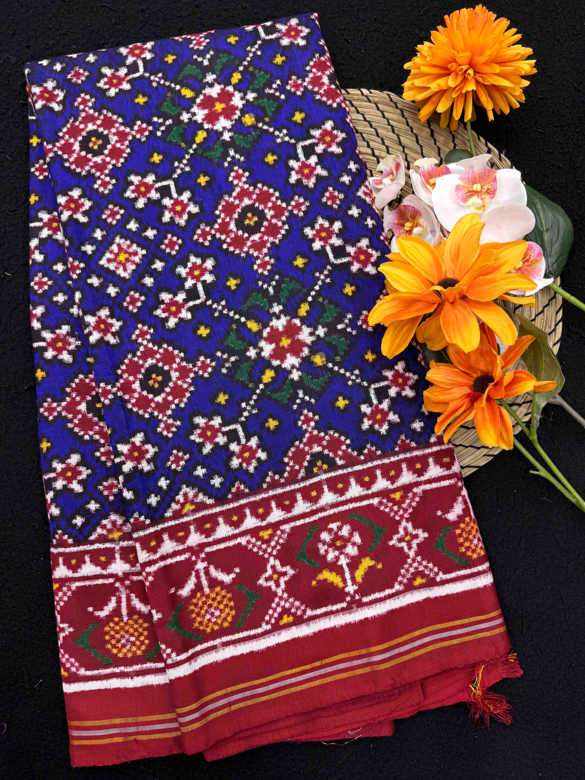 Red & Blue Navratan Double Ikat Patan Patola Saree