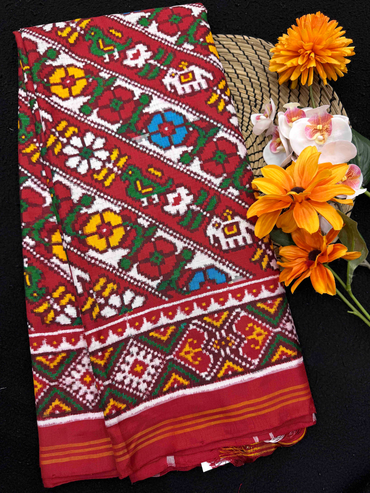 Red & White Fancy Flower Leheriya Double Ikat Patan Patola Saree