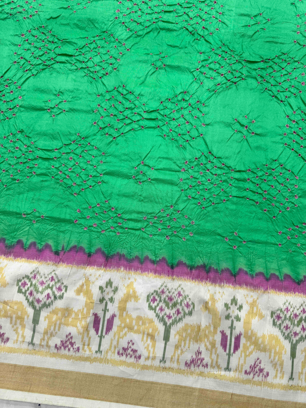 Off White & Light Green Single Ikat Bandhani Patola Saree
