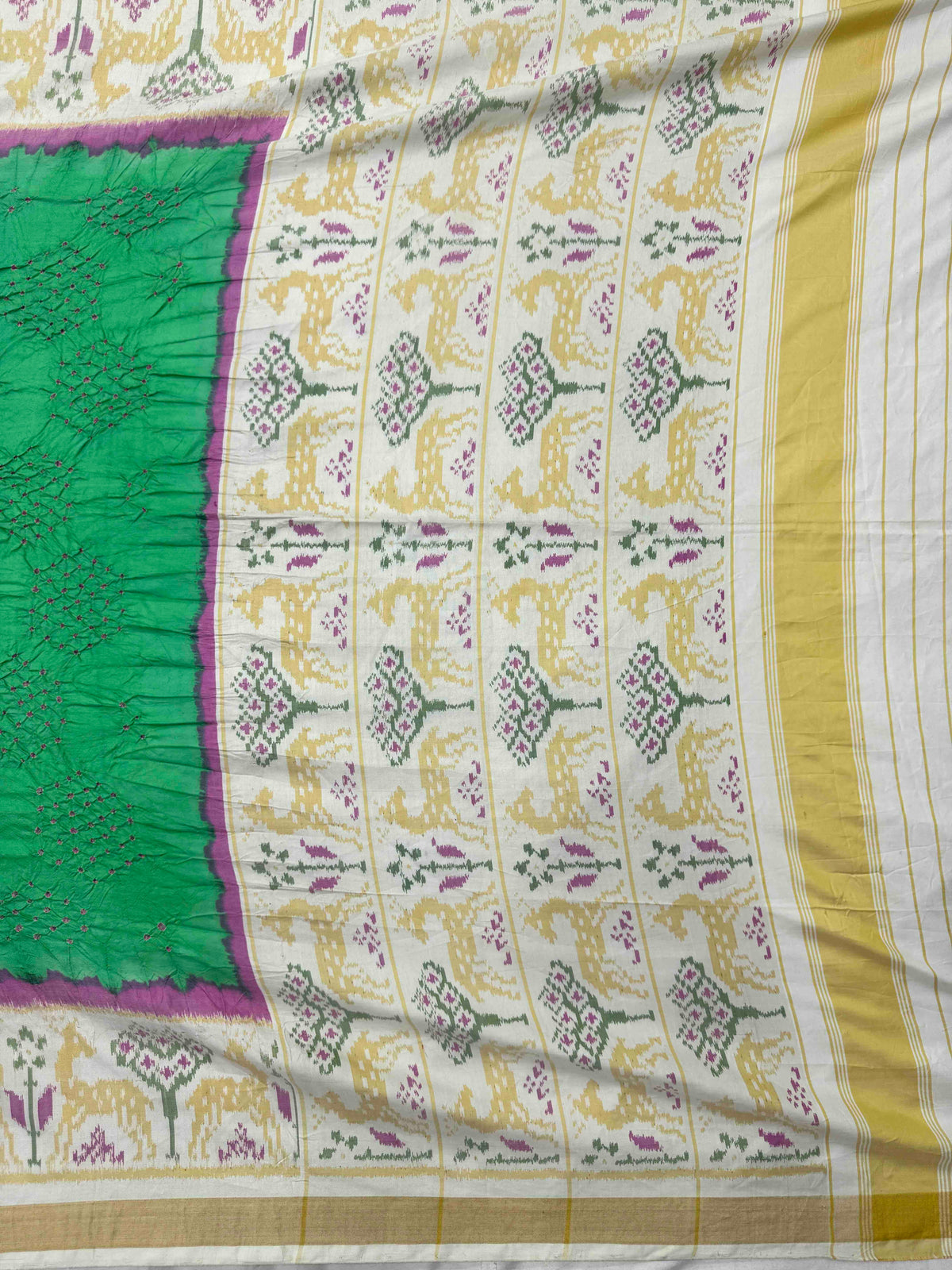 Off White & Light Green Single Ikat Bandhani Patola Saree