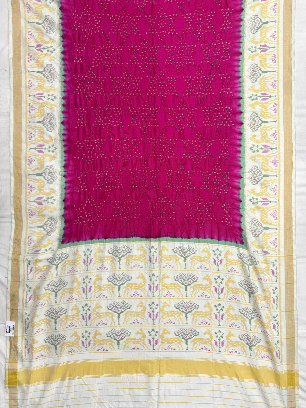 Off White & Dark Pink Single Ikat Bandhani Patola Saree
