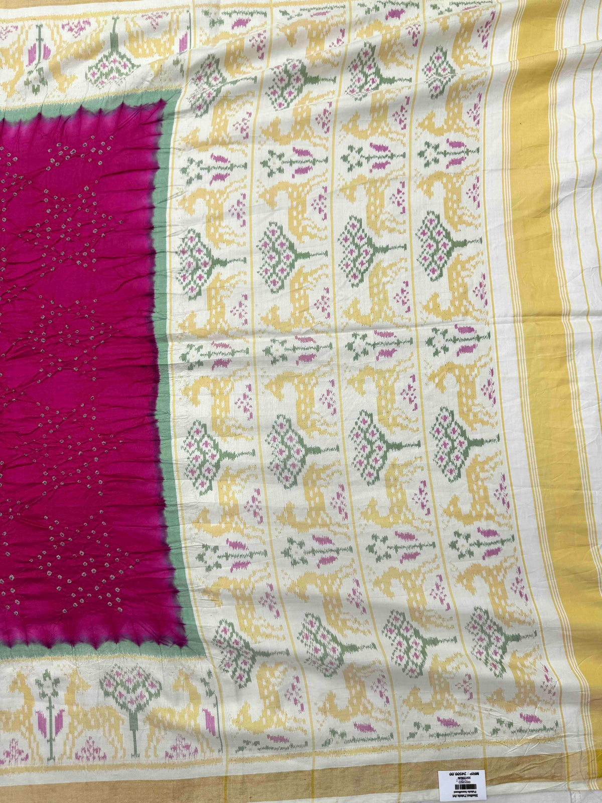 Off White & Dark Pink Single Ikat Bandhani Patola Saree
