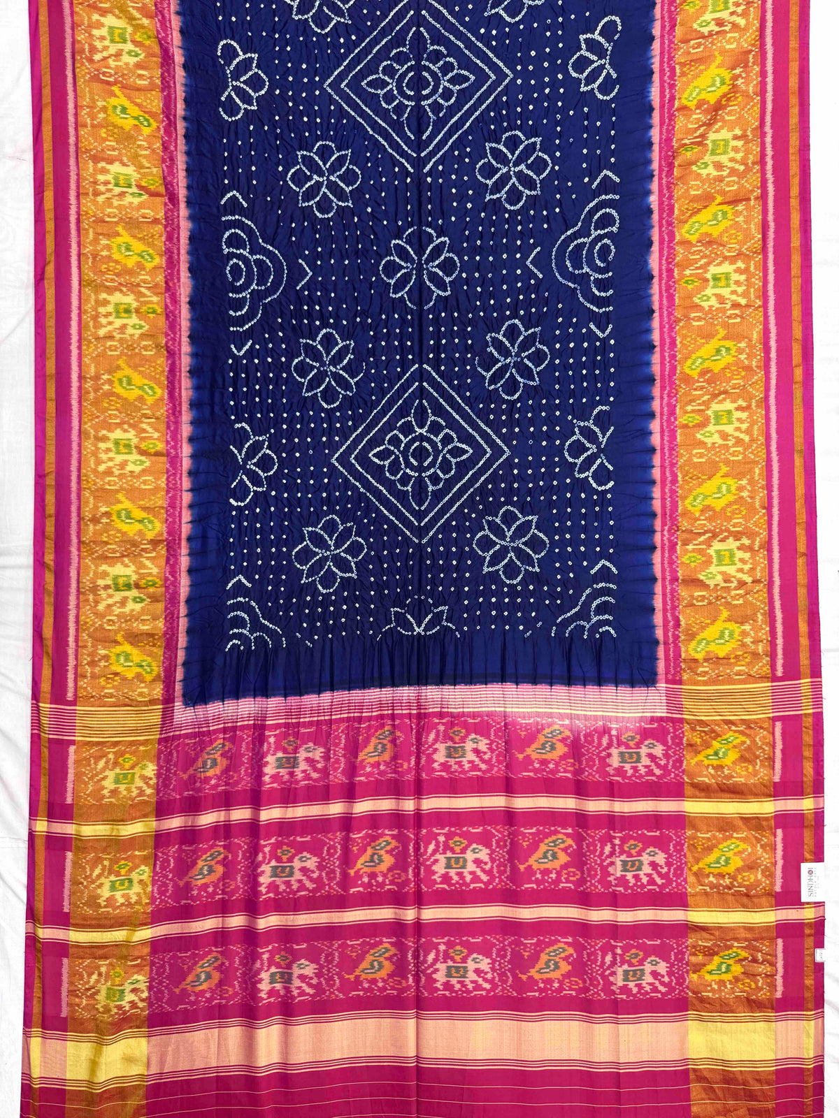 Pink & Dark Blue Single Ikat Bandhani Patola Saree