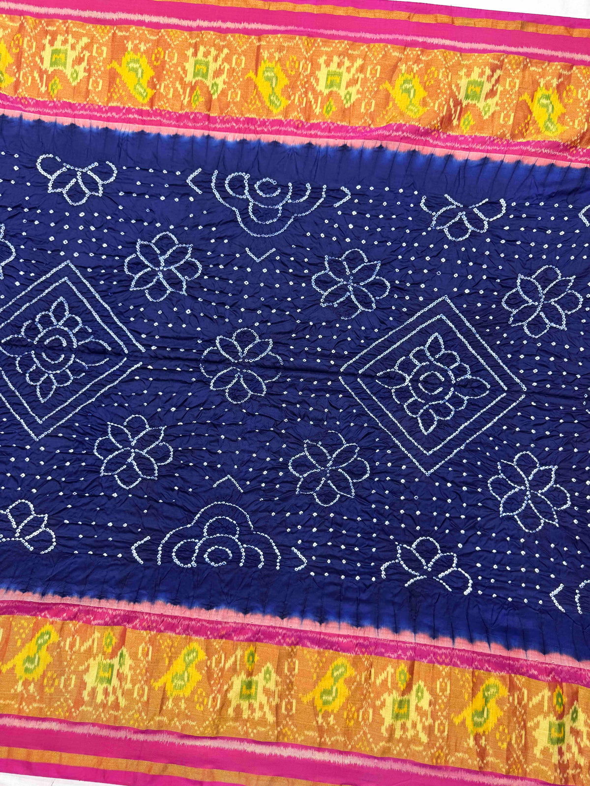 Pink & Dark Blue Single Ikat Bandhani Patola Saree