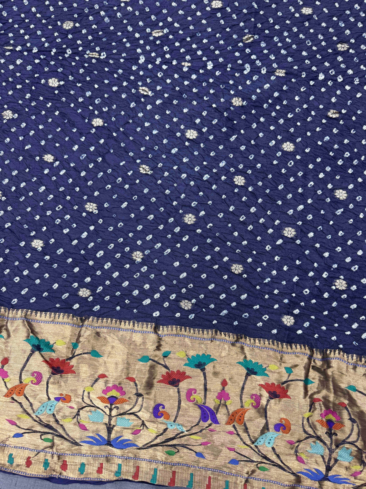 Dark Blue Kota Doria Paithani Bandhani Saree