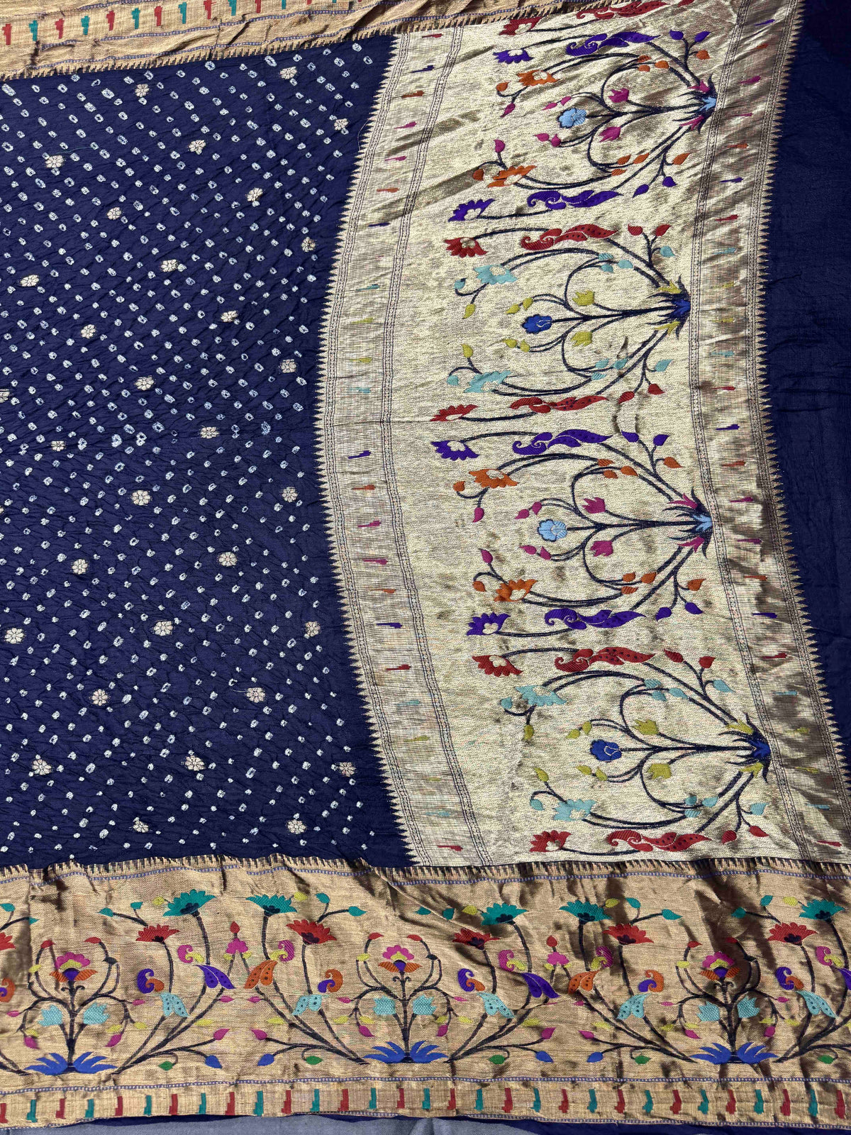 Dark Blue Kota Doria Paithani Bandhani Saree