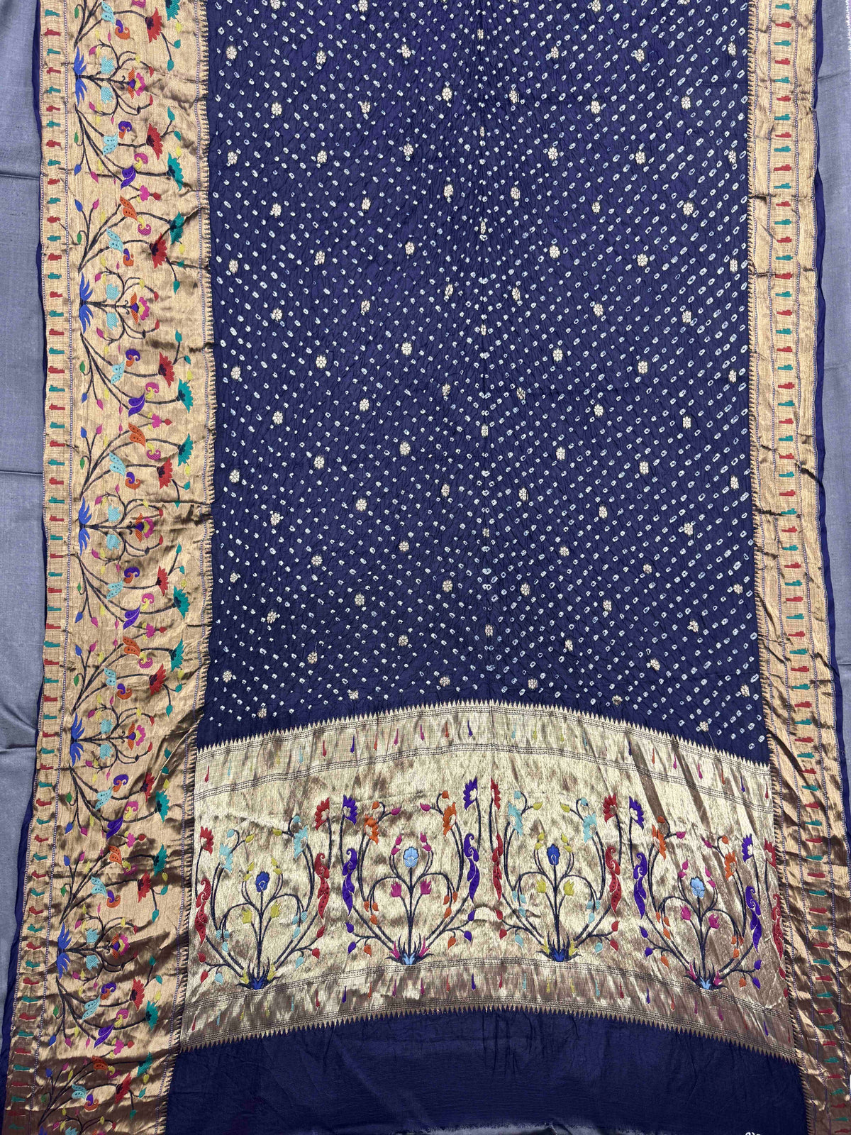 Dark Blue Kota Doria Paithani Bandhani Saree