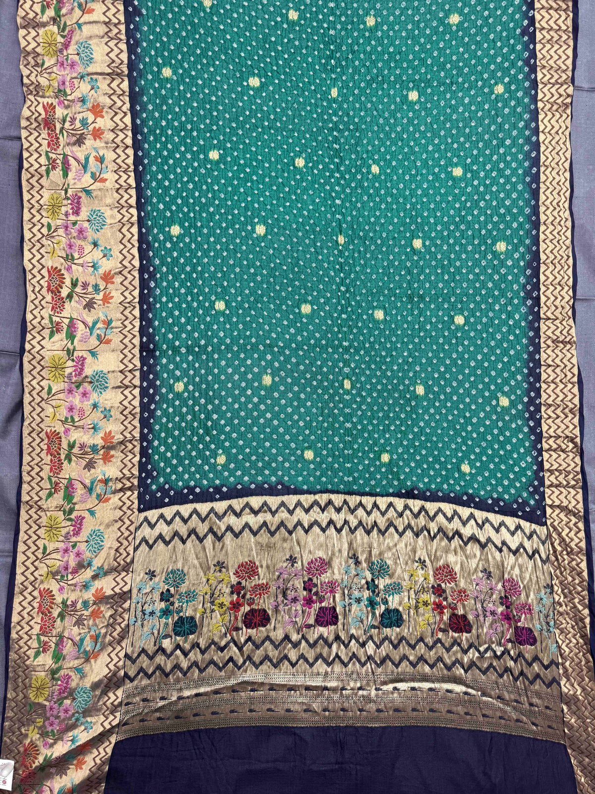 Dark Blue & Sea Green Kota Doria Paithani Bandhani Saree