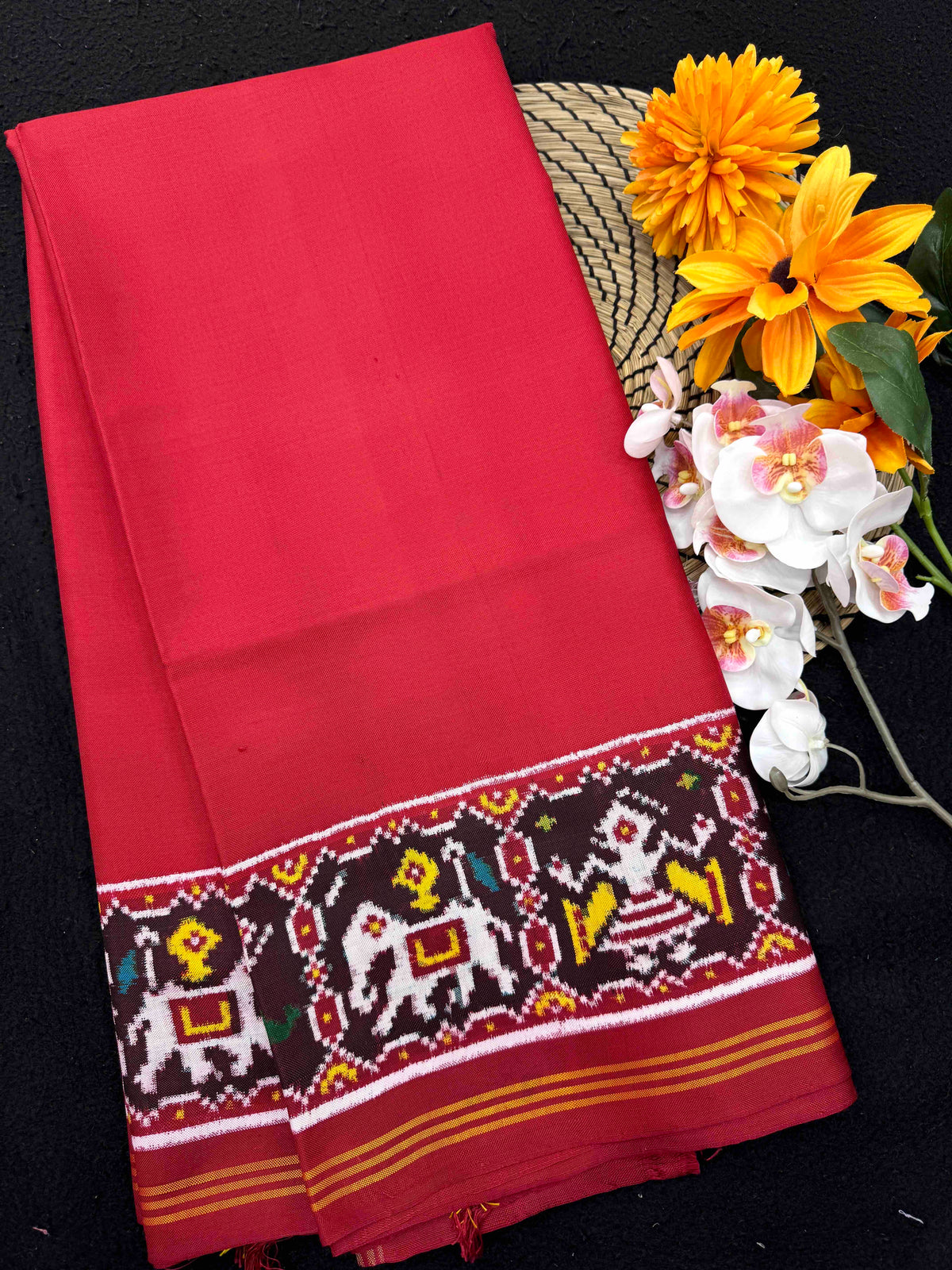 Red Plain Double Ikat Patan Patola Saree