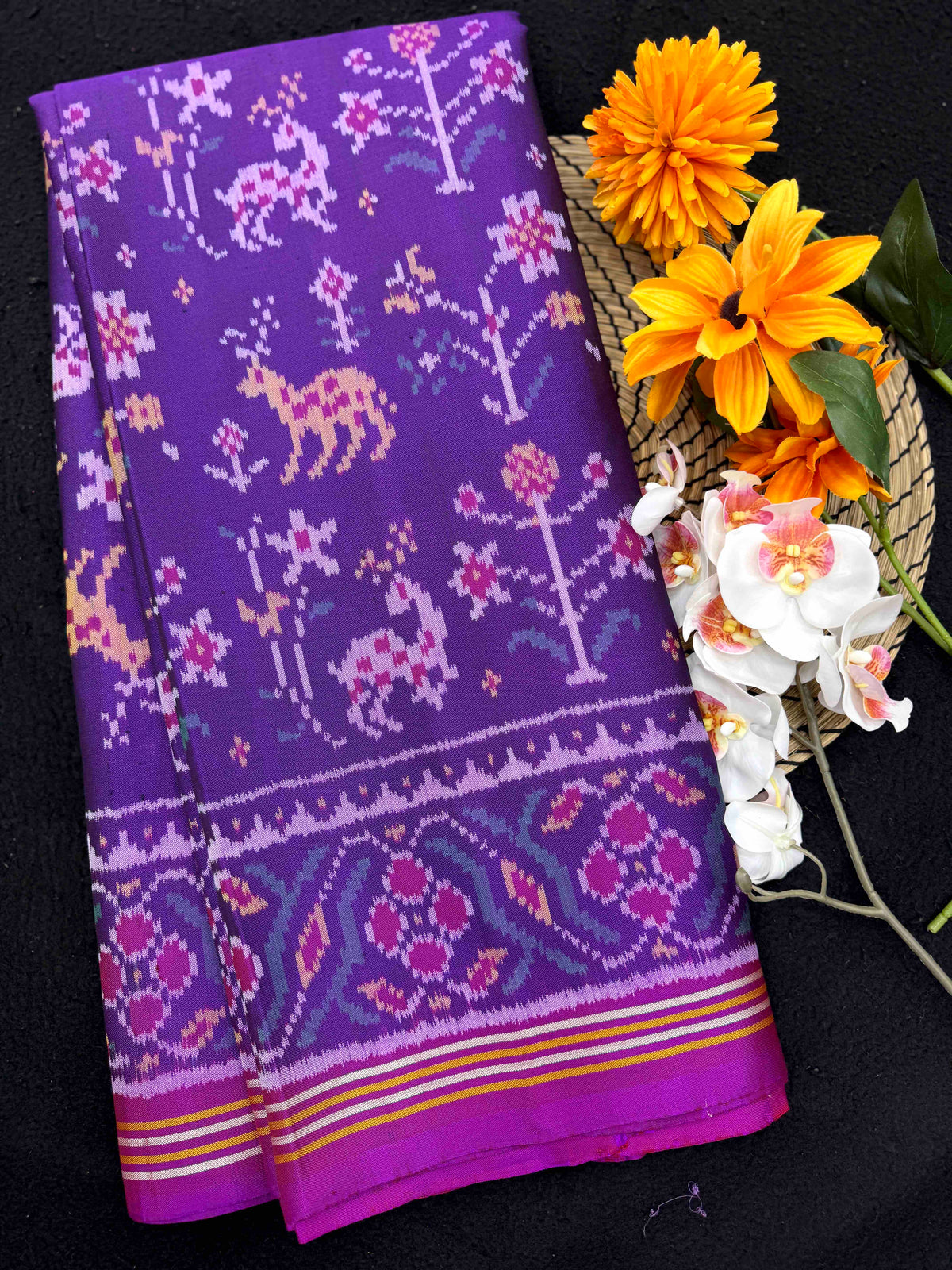 Purple Deer Flower Fancy Single Ikat Patan Patola Saree