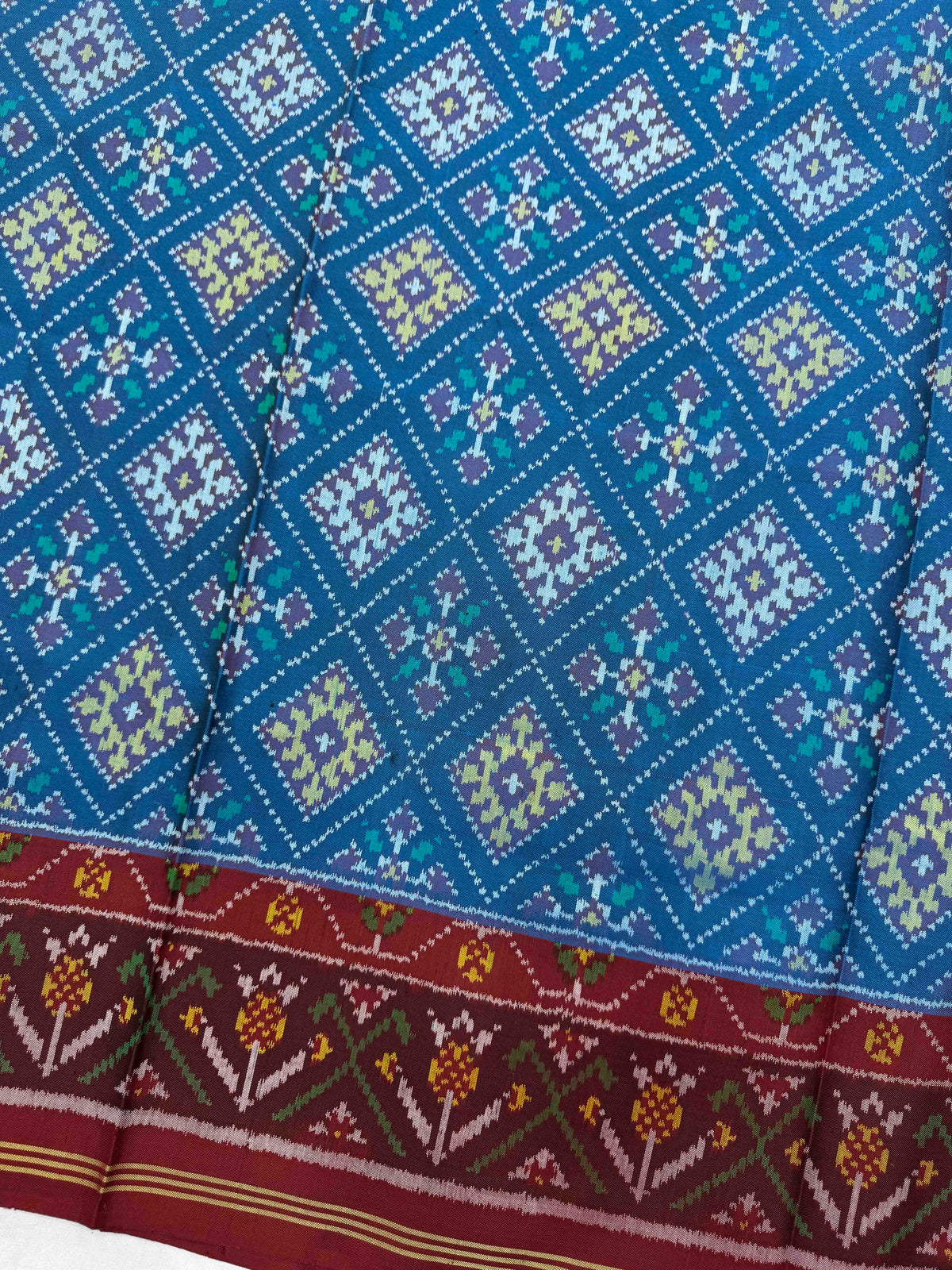 Maroon & Turquoise Blue Panchanda Single Ikat Patan Patola Saree