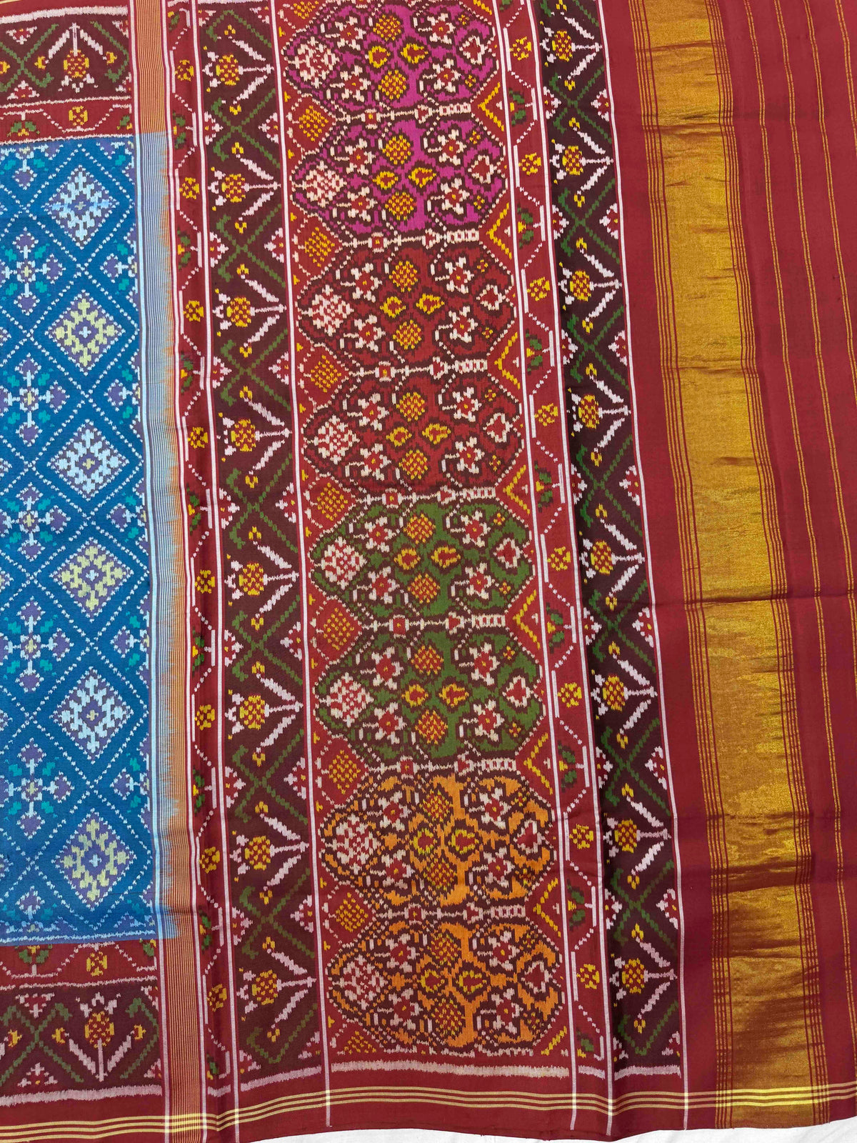 Maroon & Turquoise Blue Panchanda Single Ikat Patan Patola Saree