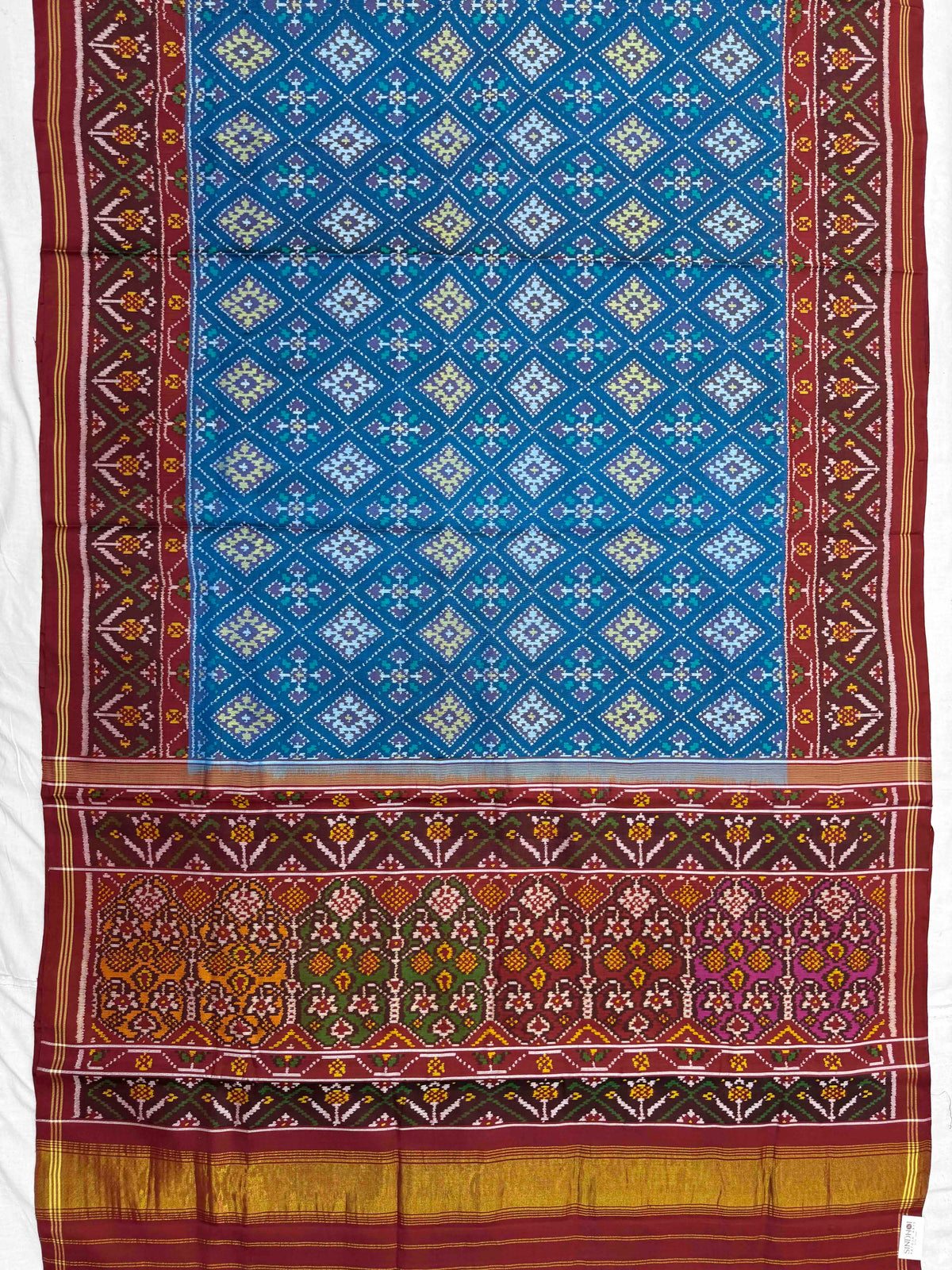Maroon & Turquoise Blue Panchanda Single Ikat Patan Patola Saree